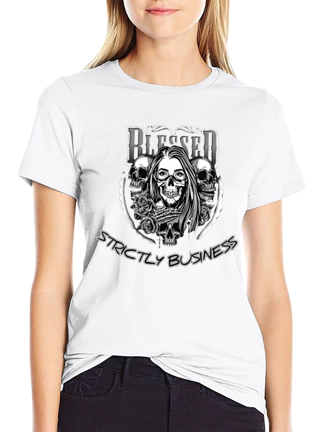 Blessed Strictly Business Skull Graphic T-Shirt