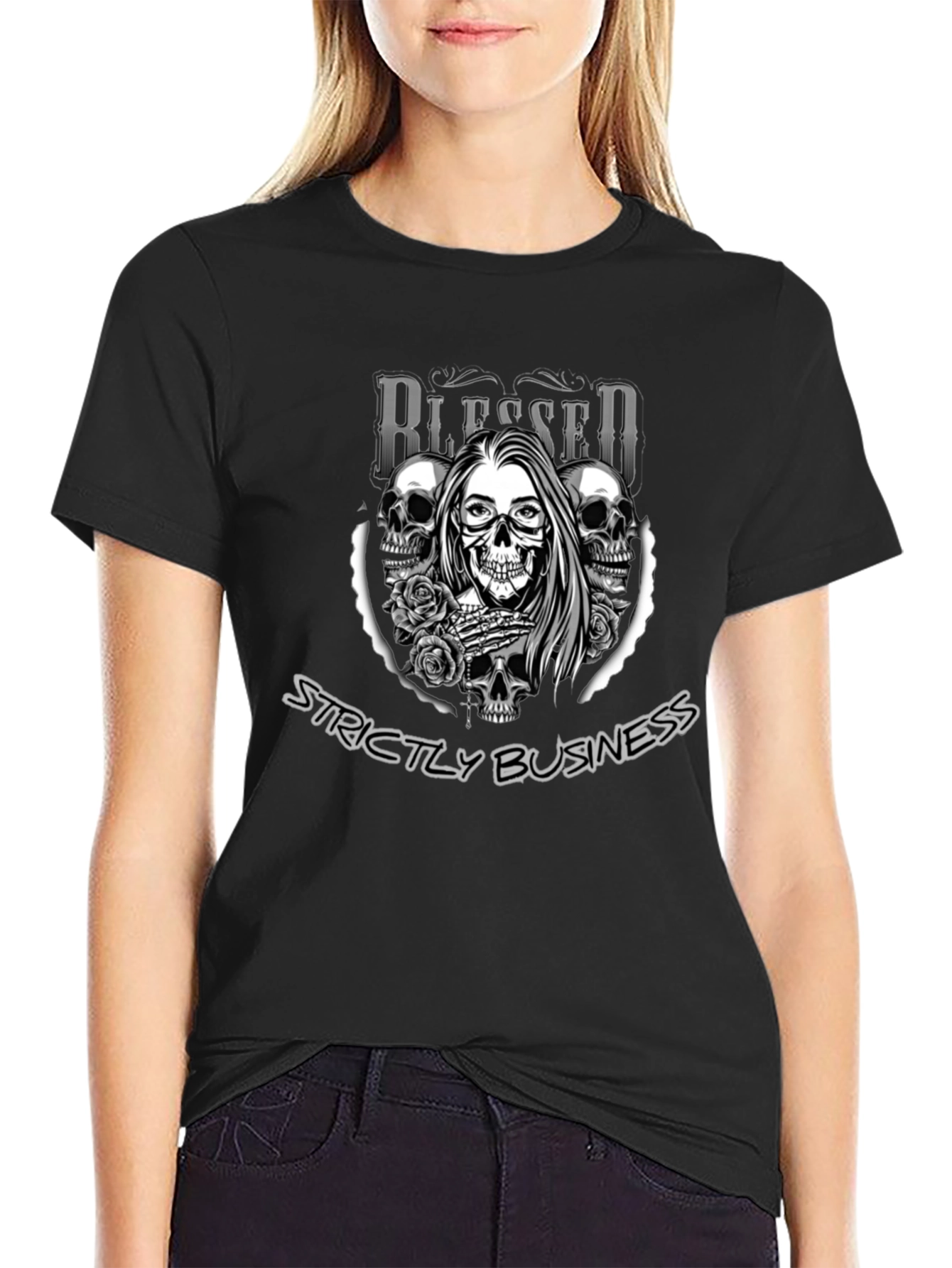 Blessed Strictly Business Skull Graphic T-Shirt
