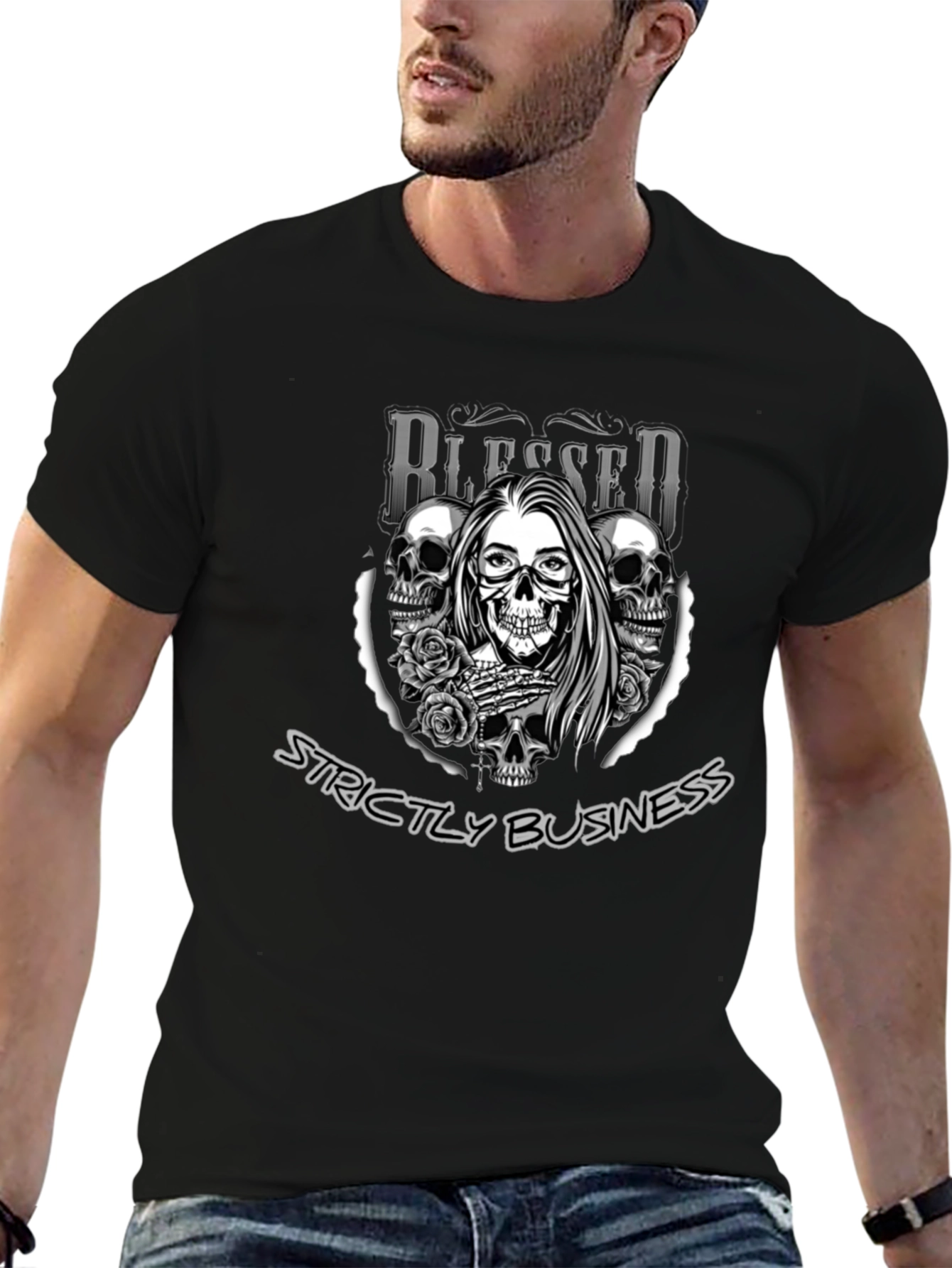 Blessed Strictly Business Skull Graphic T-Shirt