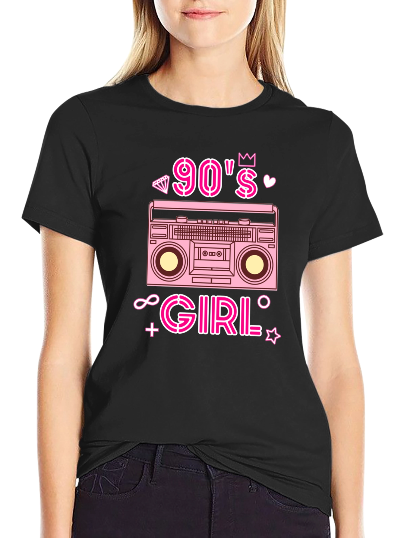 90s Girl Retro Boombox Graphic Tee - Black T-Shirt