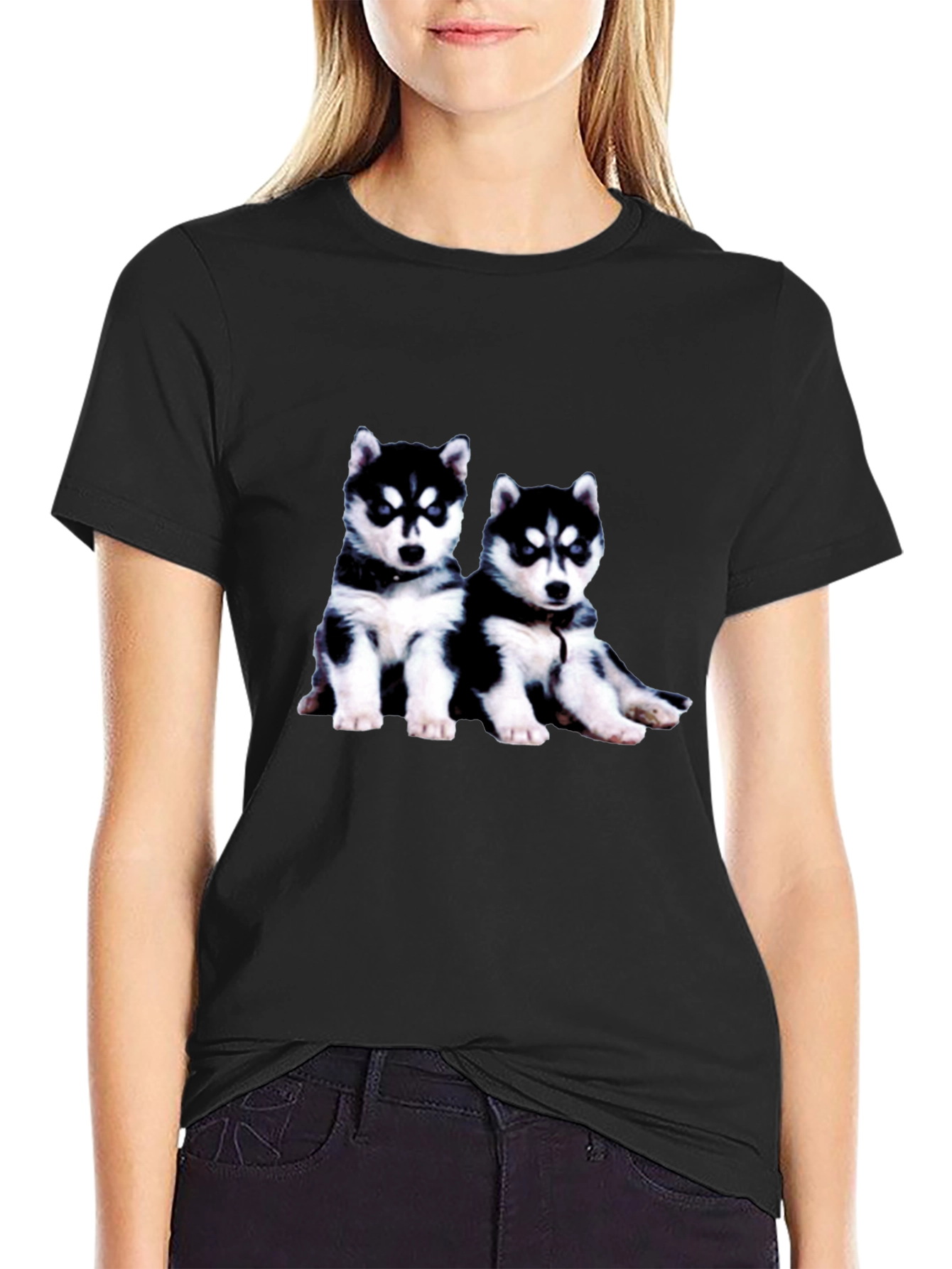 Husky Puppy Graphic Tee - Black Crew Neck