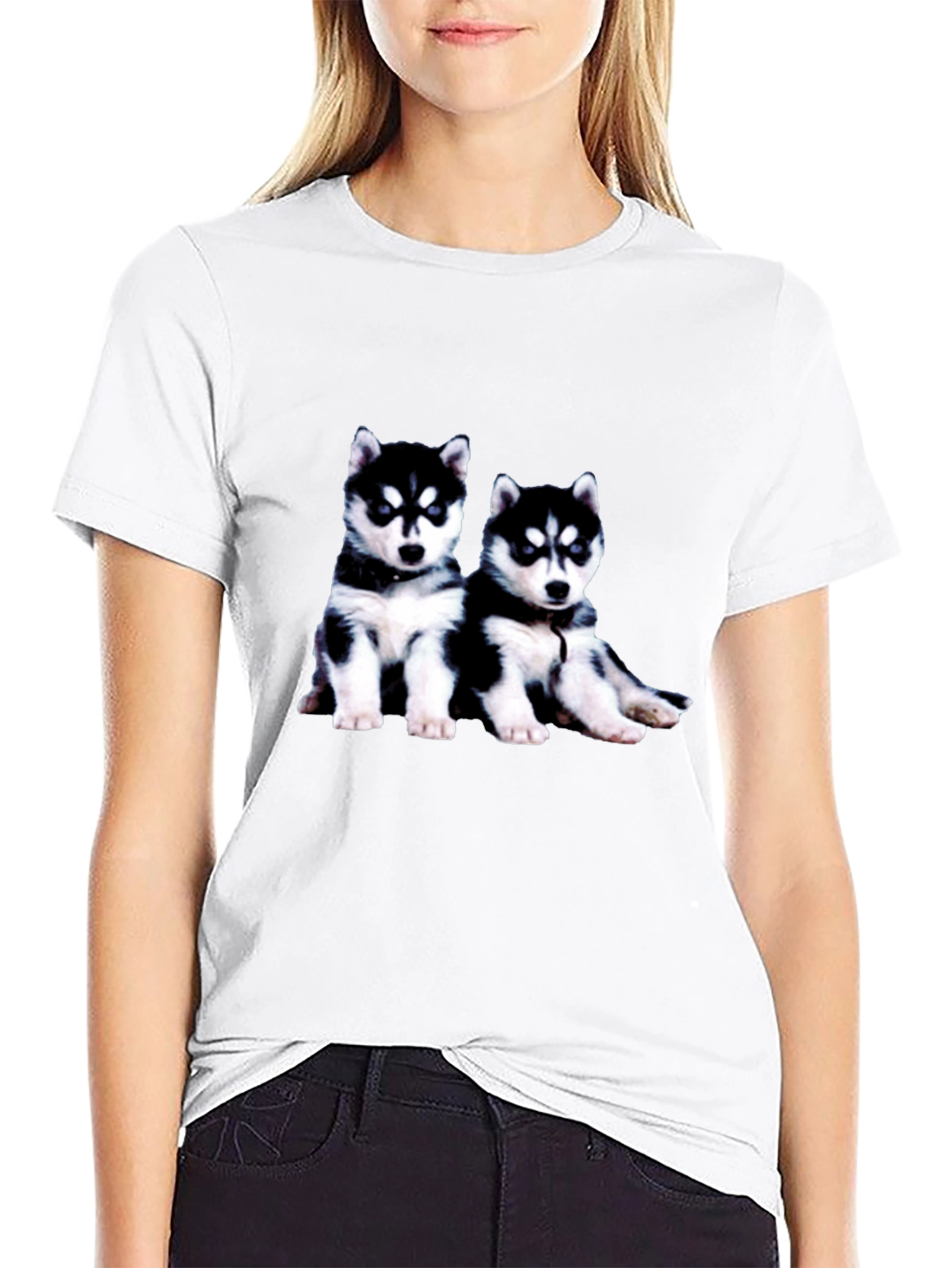 Husky Puppy Graphic Tee - Black Crew Neck