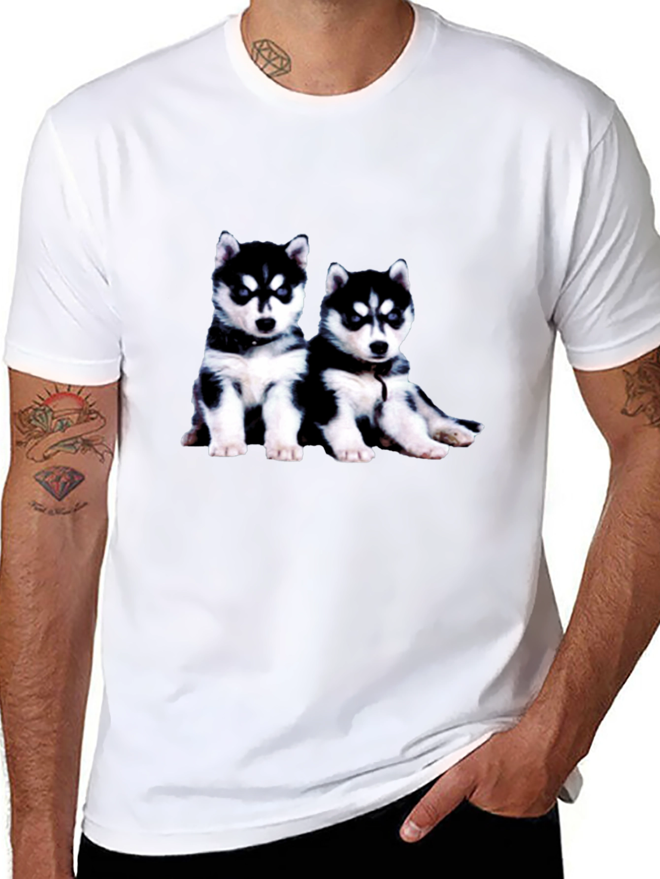 Husky Puppy Graphic Tee - Black Crew Neck
