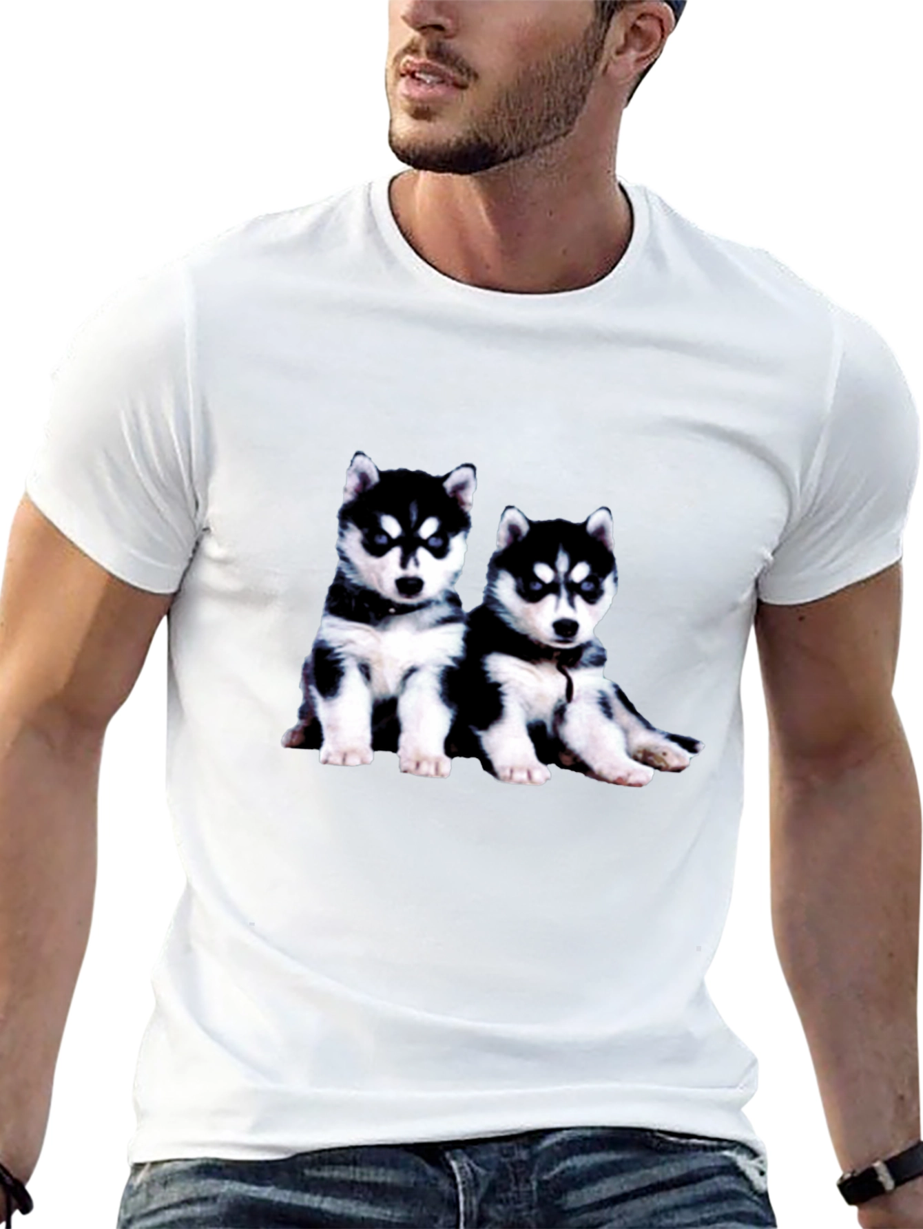 Husky Puppy Graphic Tee - Black Crew Neck