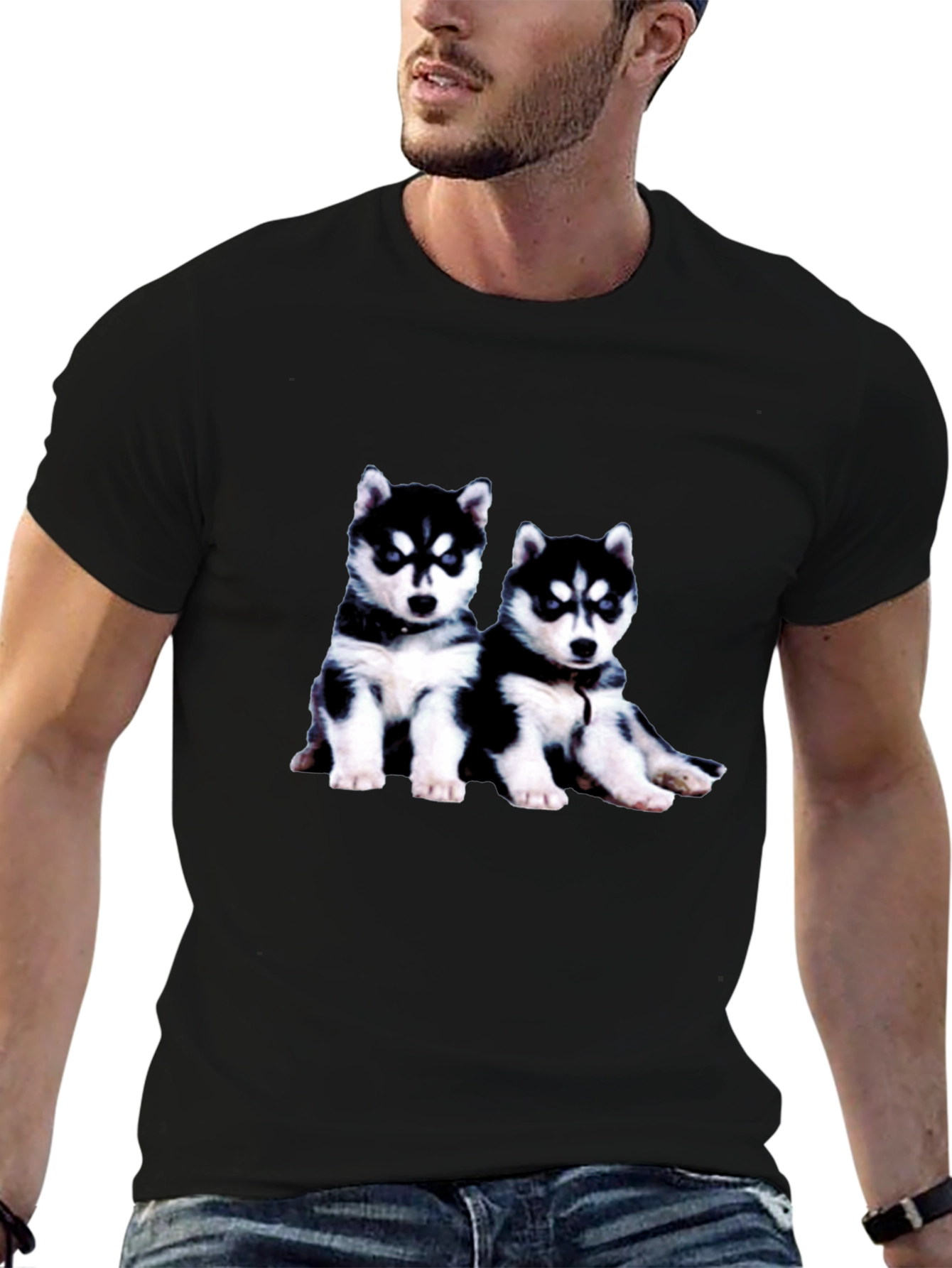 Husky Puppy Graphic Tee - Black Crew Neck