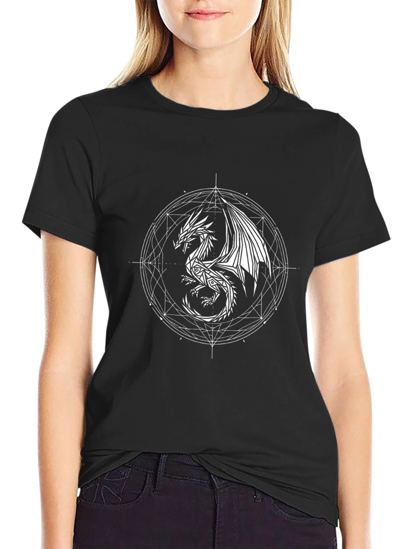 Dragon Geometric Design Black T-Shirt