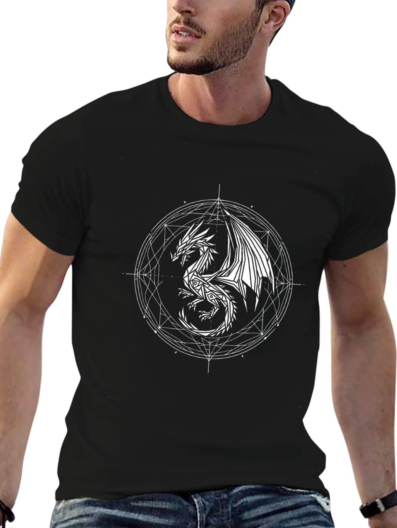 Dragon Geometric Design Black T-Shirt