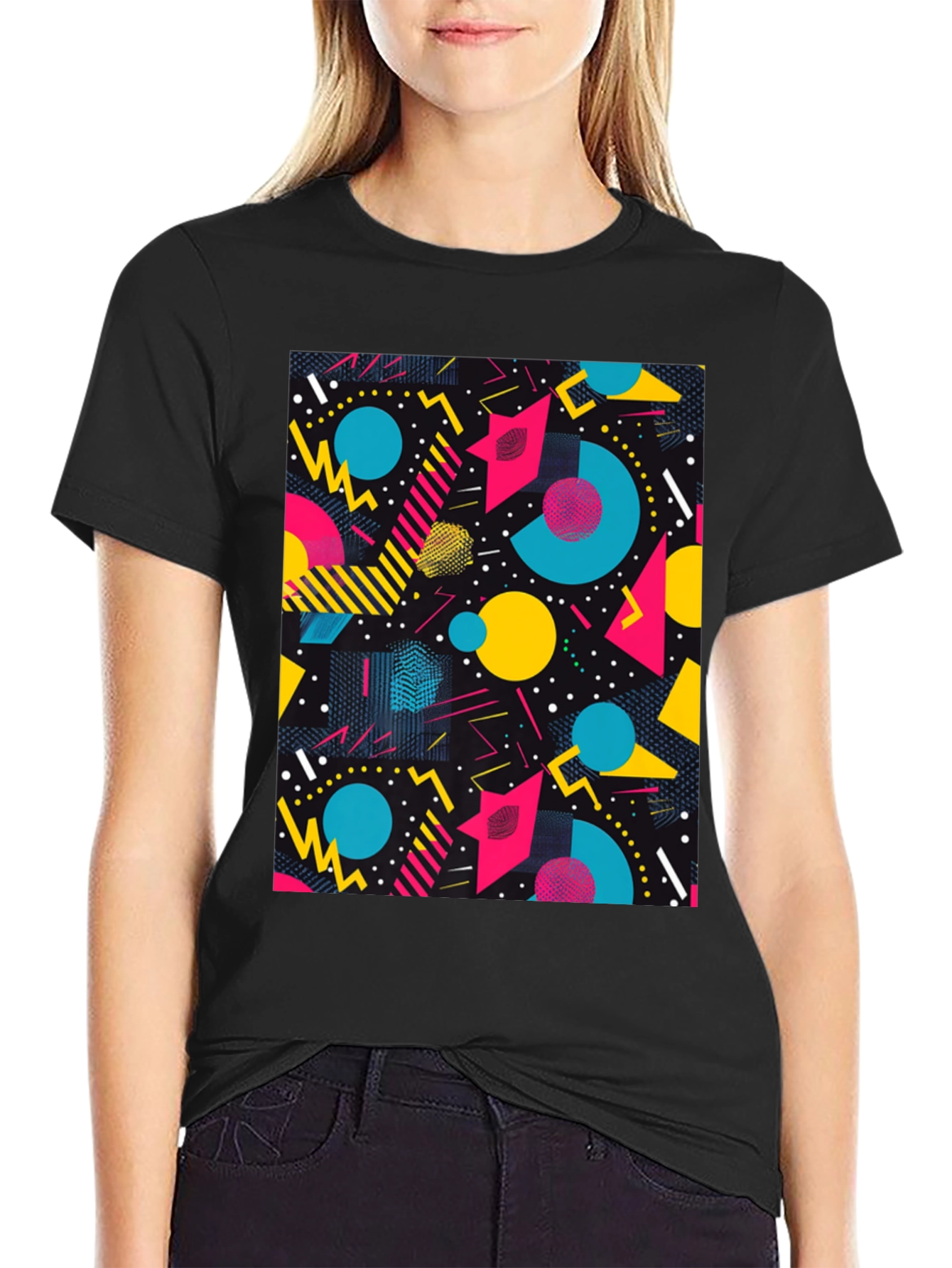 Retro Geometric Pattern T-Shirt - Black