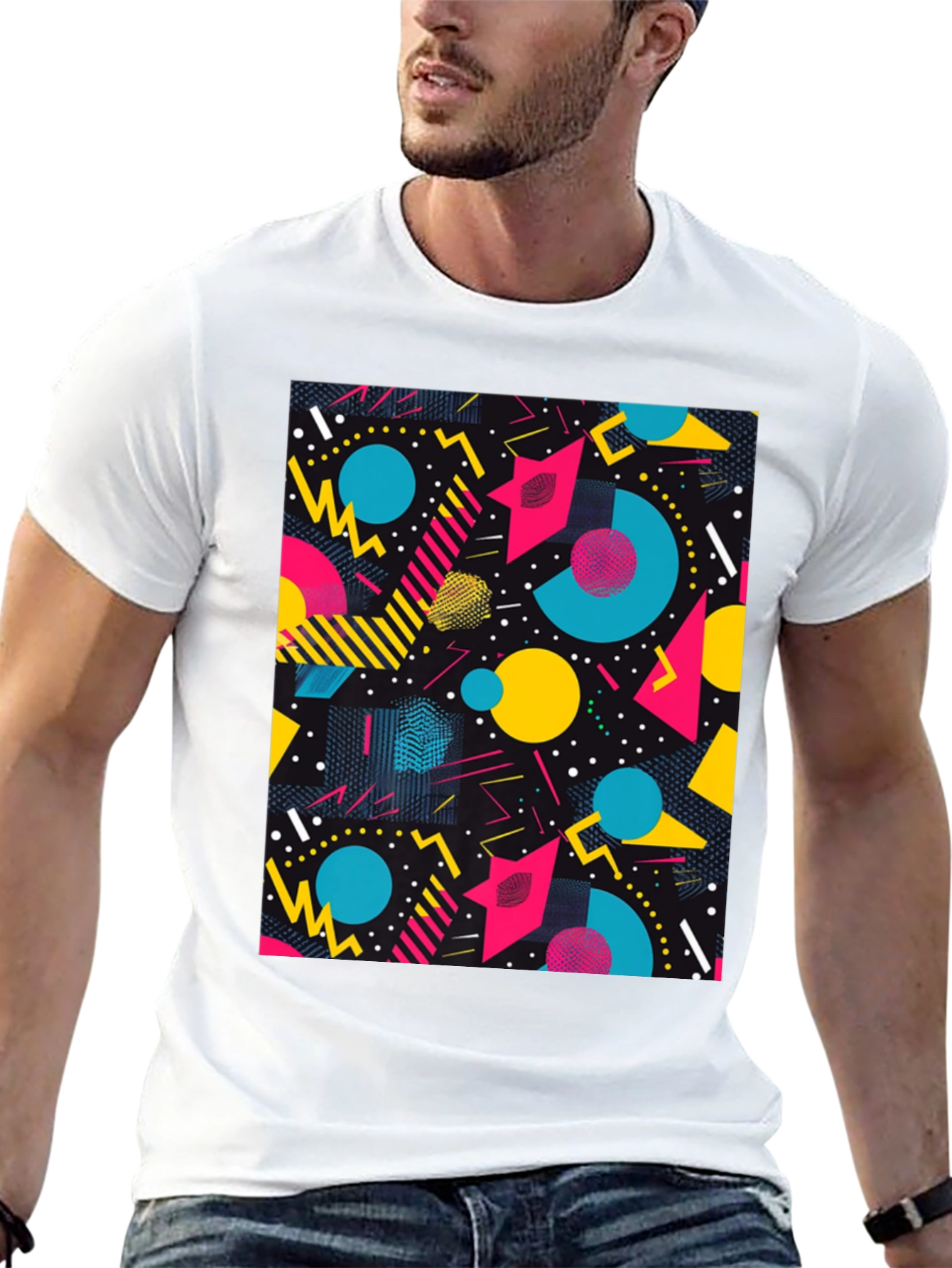 Retro Geometric Pattern T-Shirt - Black