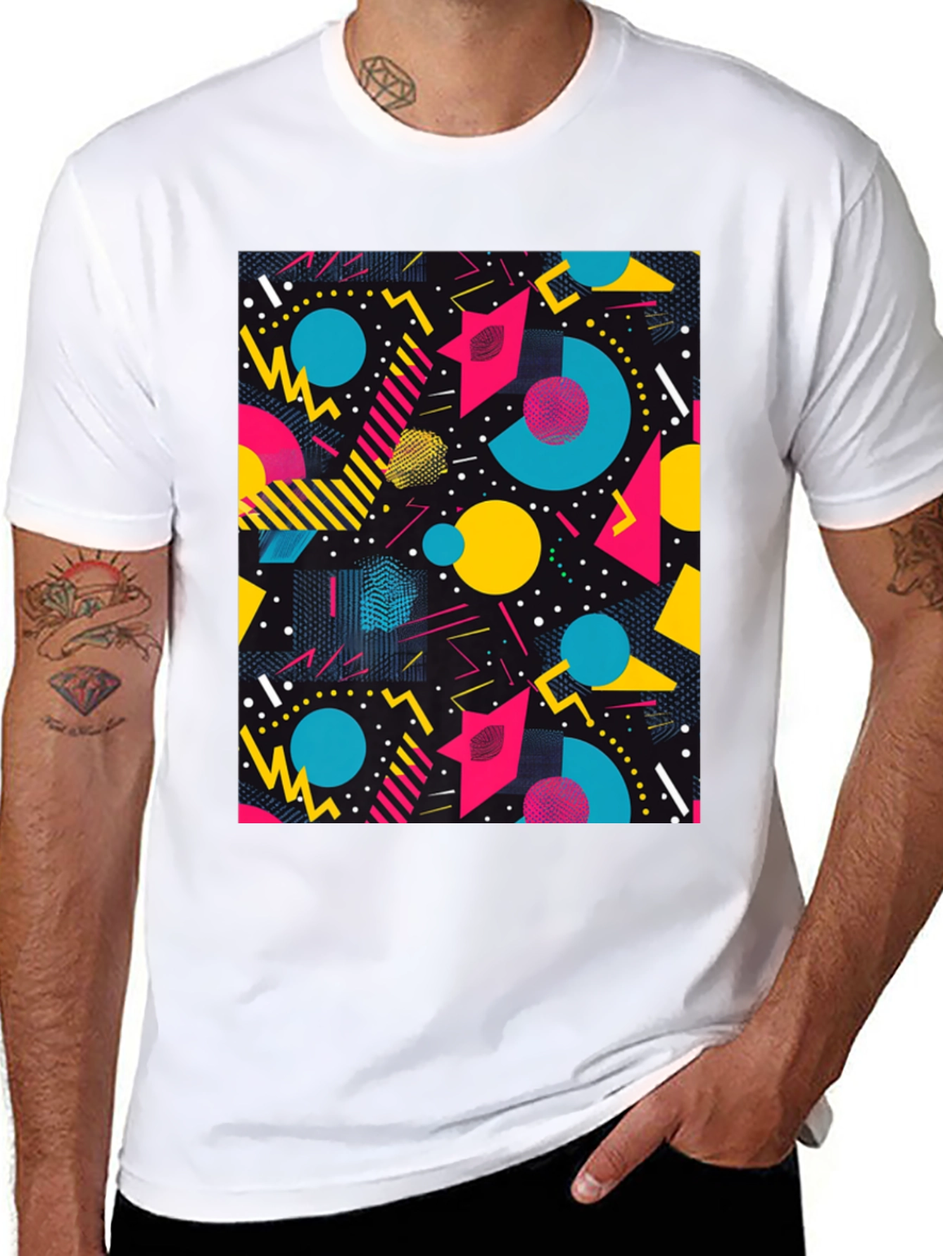 Retro Geometric Pattern T-Shirt - Black
