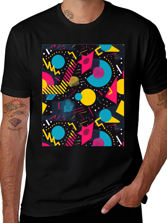 Retro Geometric Pattern T-Shirt - Black