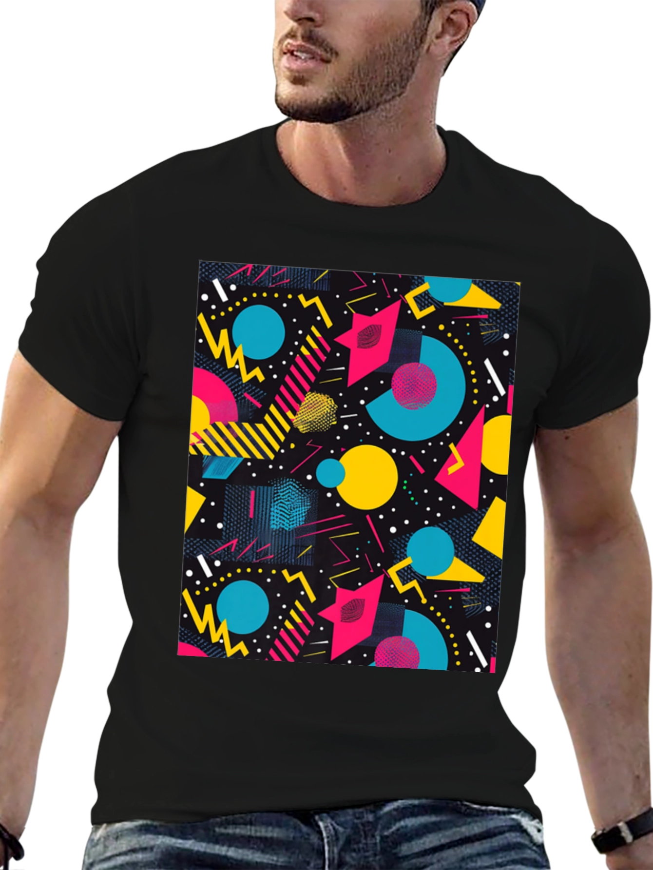 Retro Geometric Pattern T-Shirt - Black
