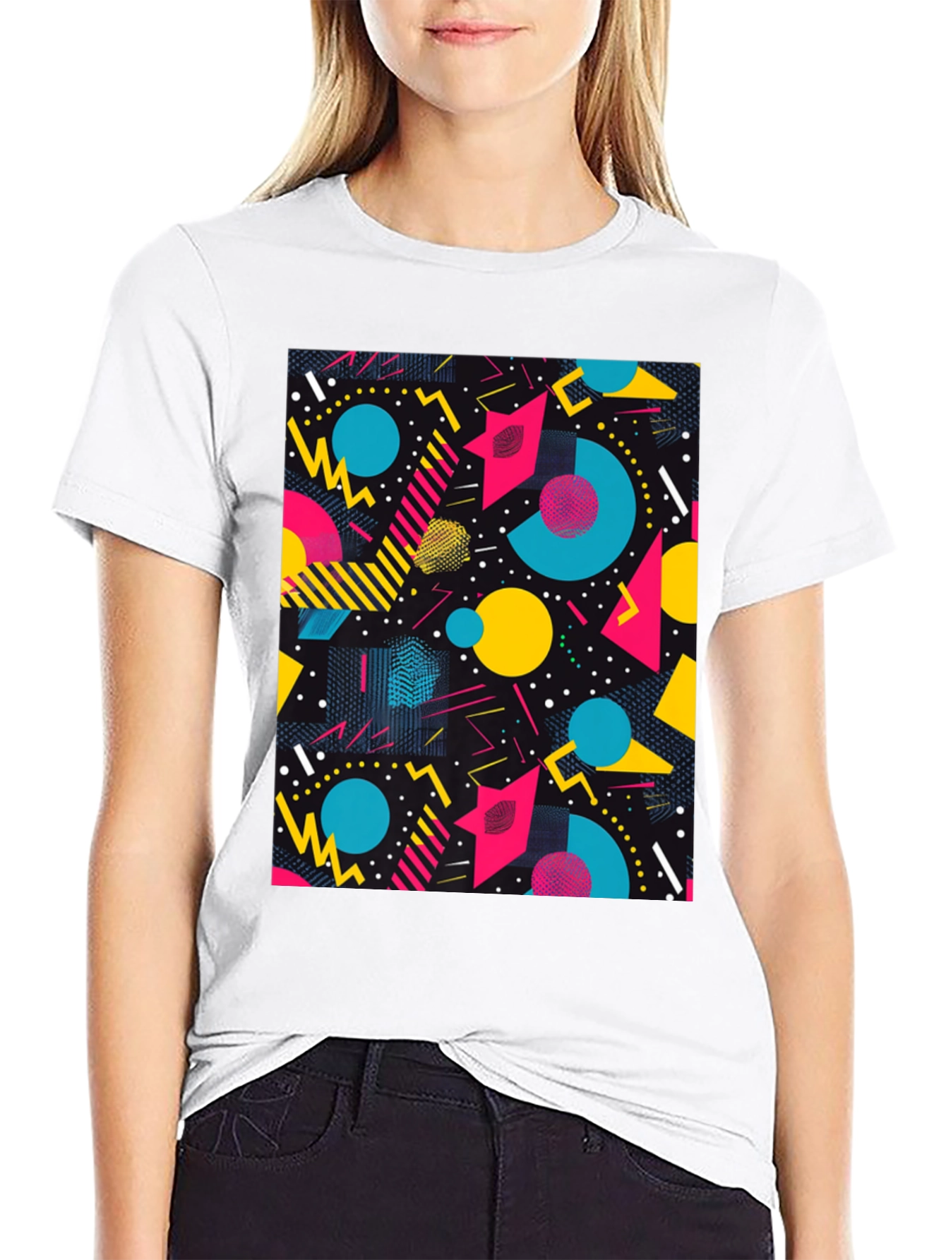 Retro Geometric Pattern T-Shirt - Black