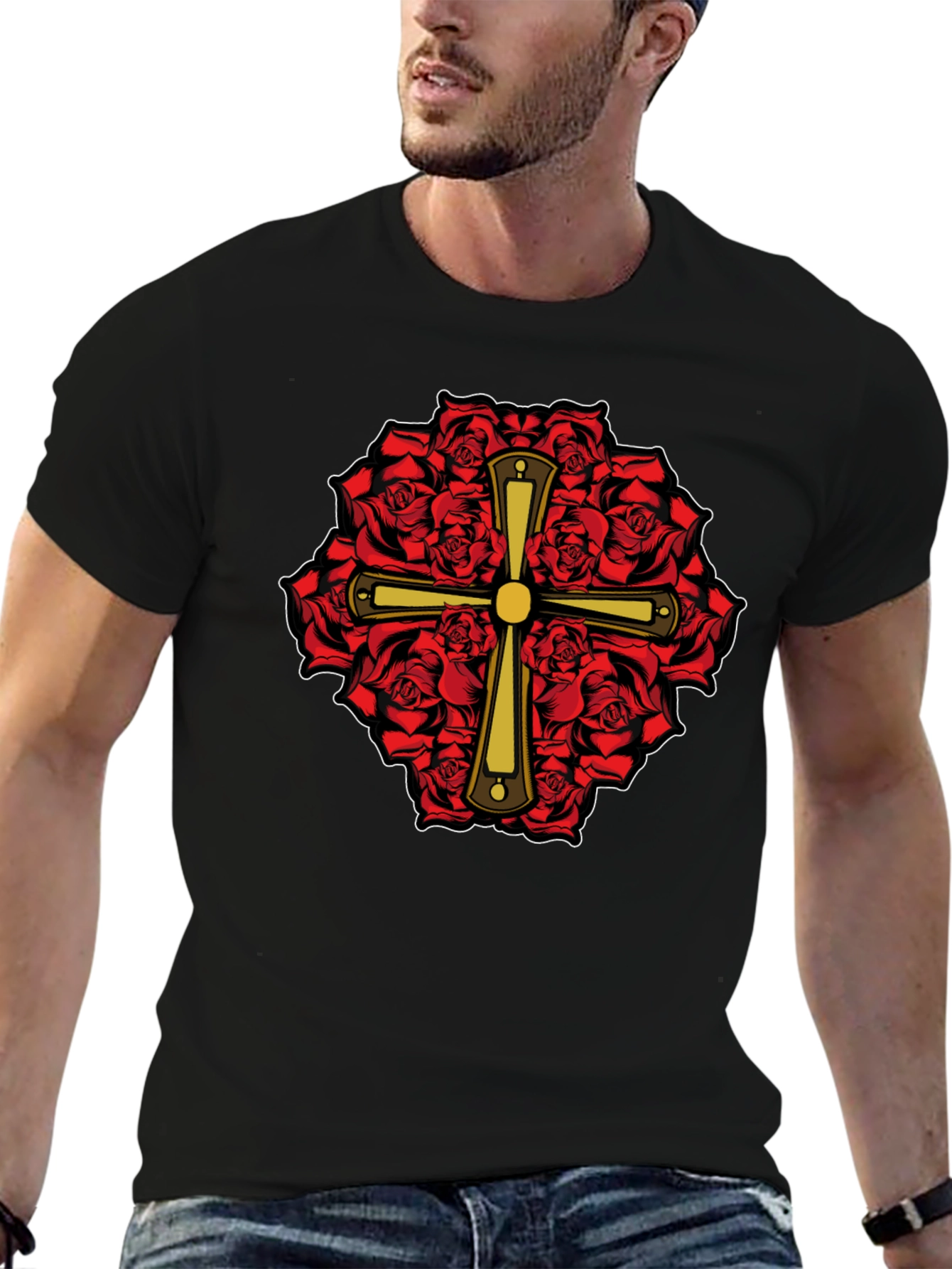 Rose & Cross Graphic T-Shirt - Black