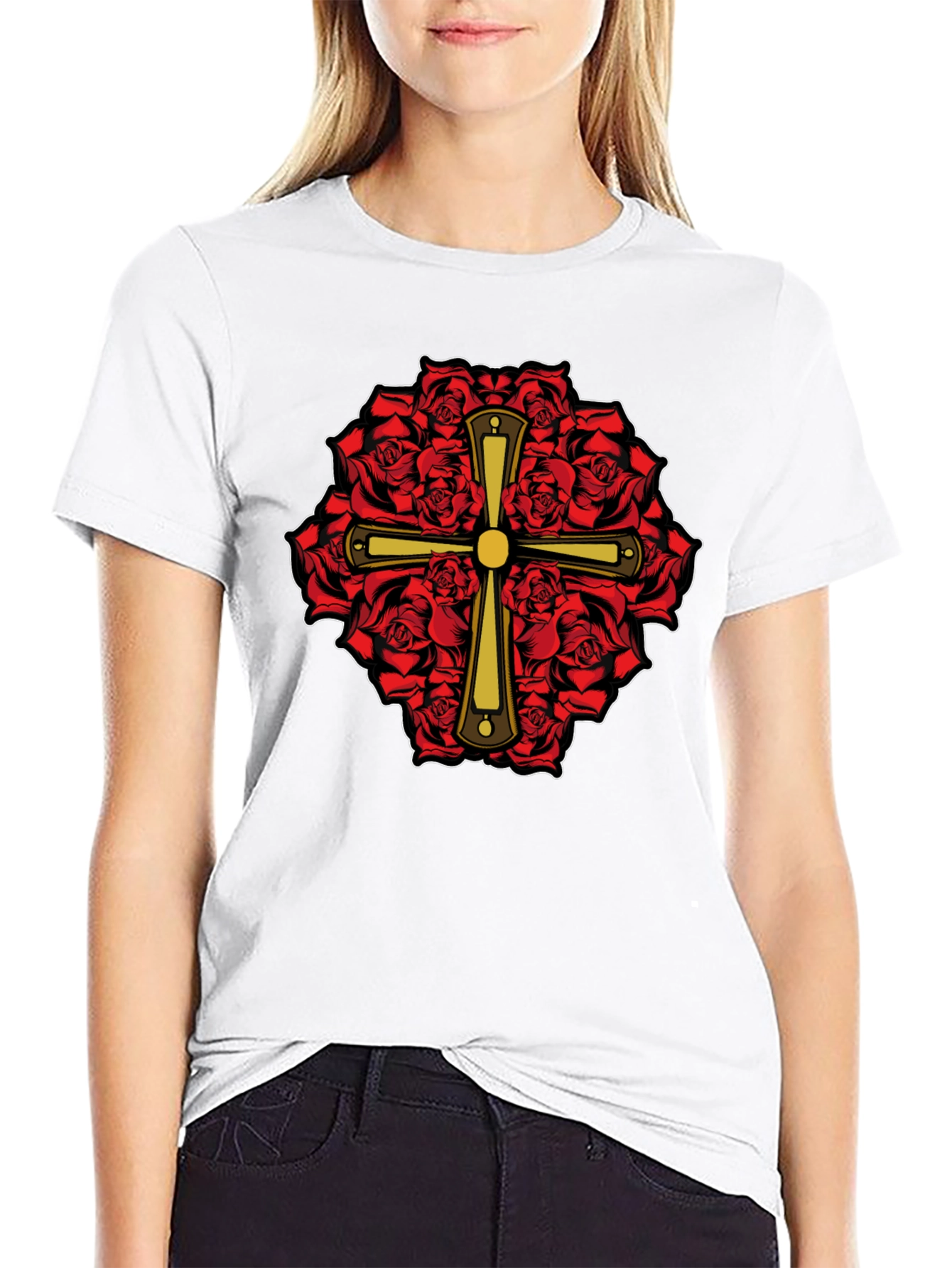 Rose & Cross Graphic T-Shirt - Black