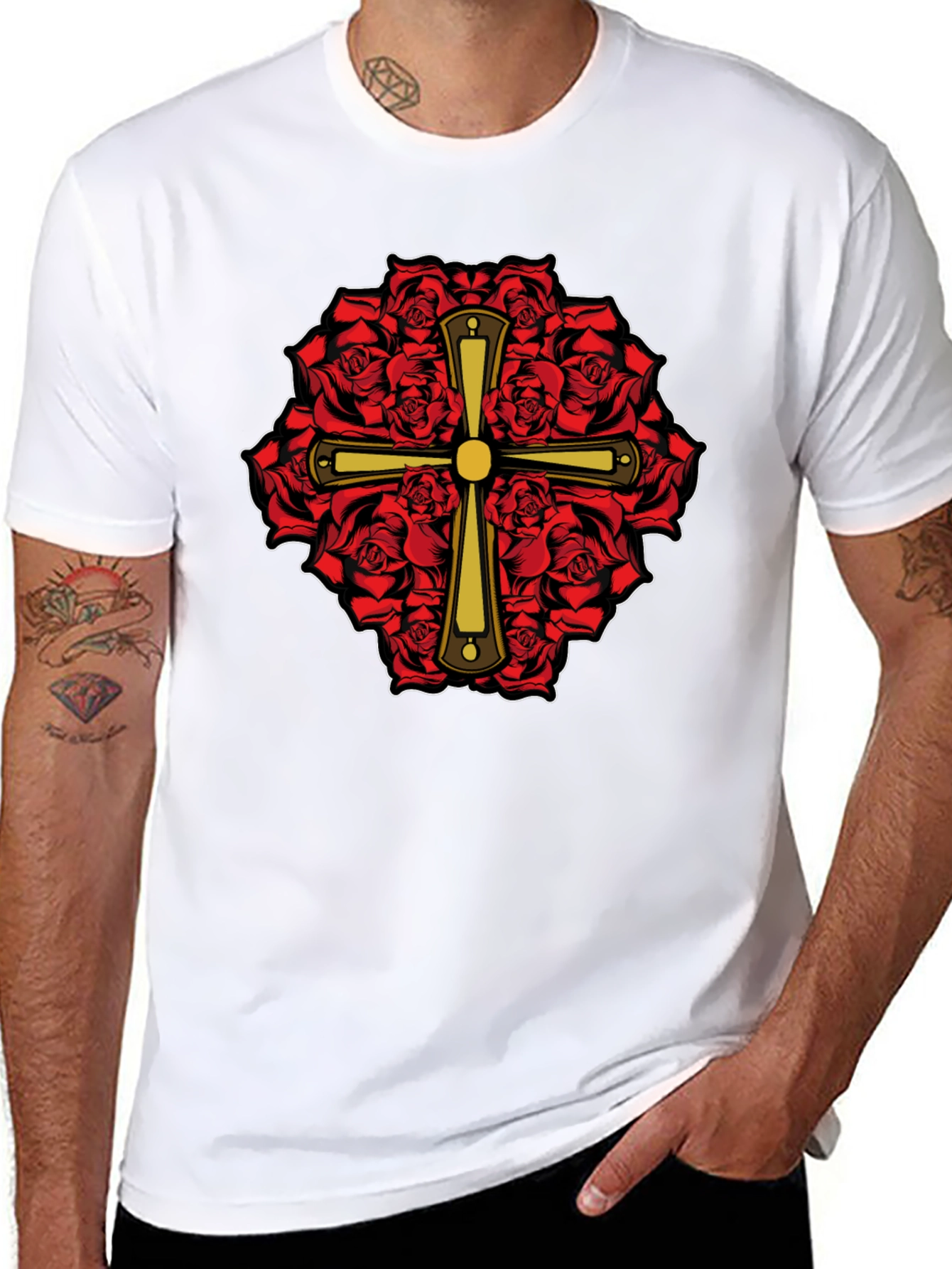 Rose & Cross Graphic T-Shirt - Black