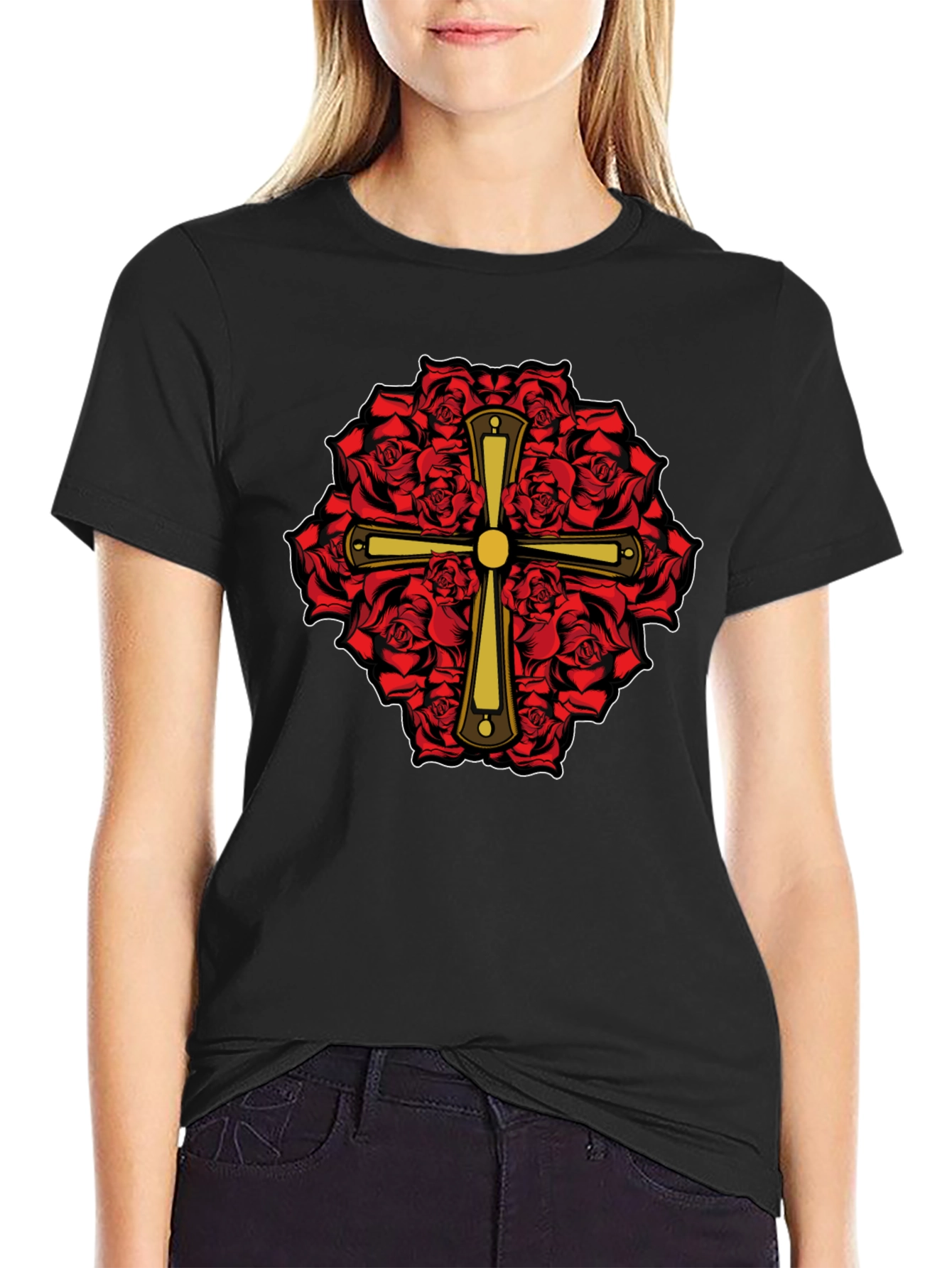 Rose & Cross Graphic T-Shirt - Black