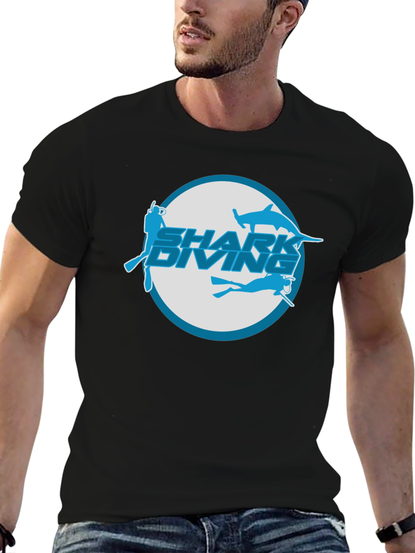 Shark Diving T-Shirt - Black Cotton Tee