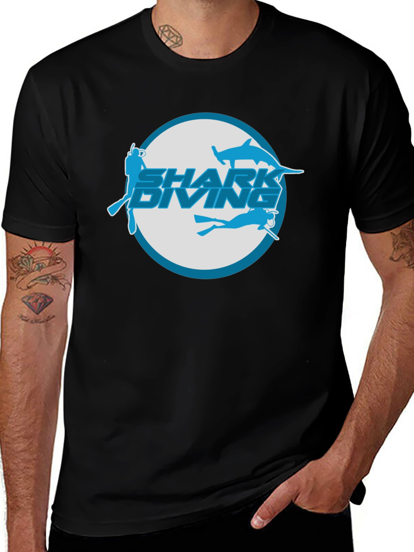 Shark Diving T-Shirt - Black Cotton Tee