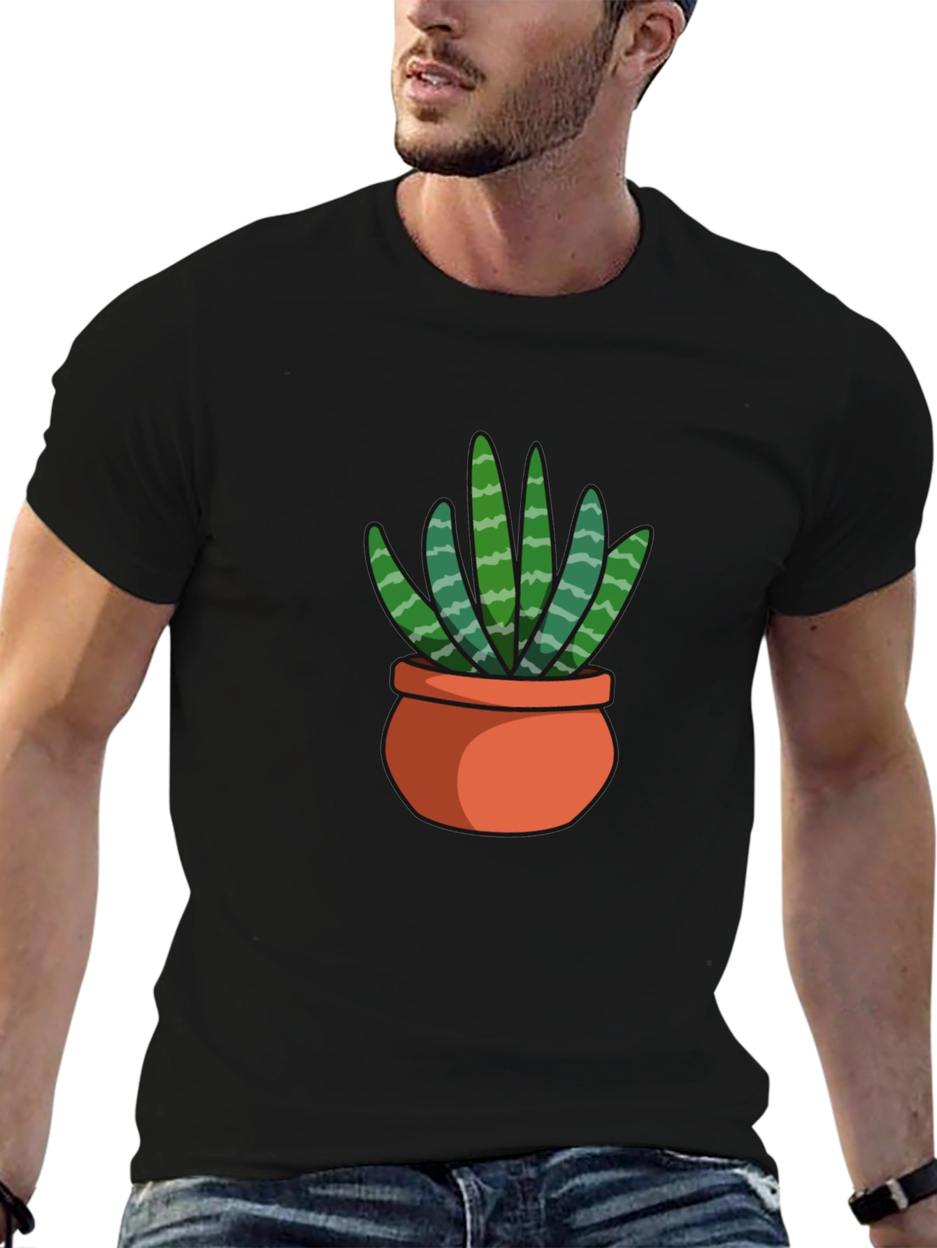 Black T-Shirt with Succulent Plant Graphic