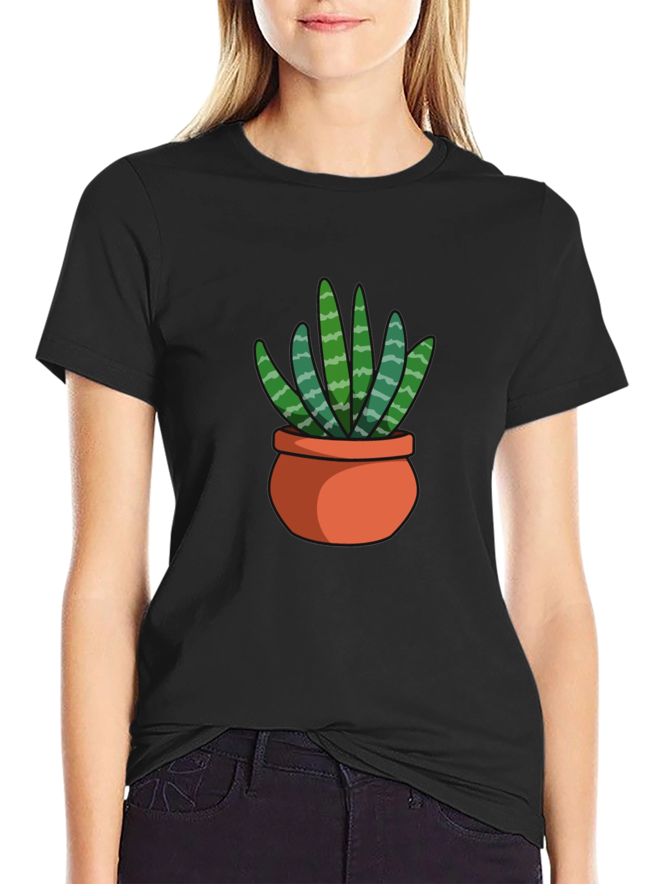 Black T-Shirt with Succulent Plant Graphic