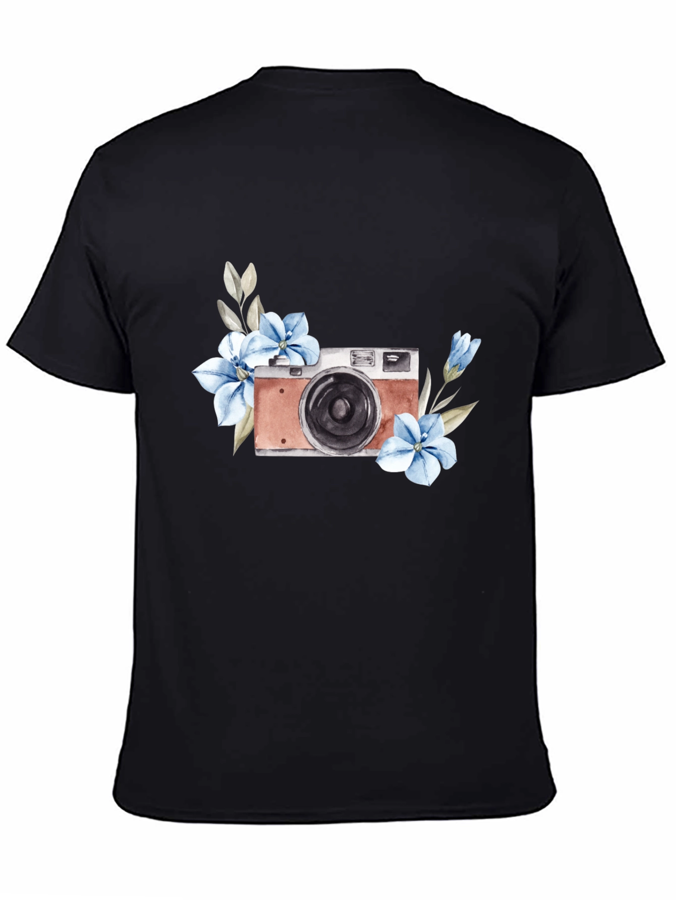 Floral Camera Graphic Tee - Stylish Black T-Shirt
