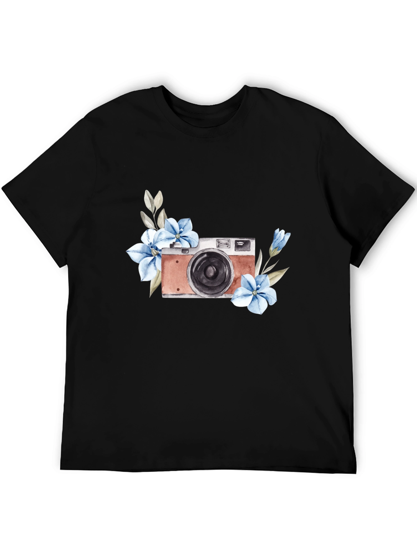 Floral Camera Graphic Tee - Stylish Black T-Shirt