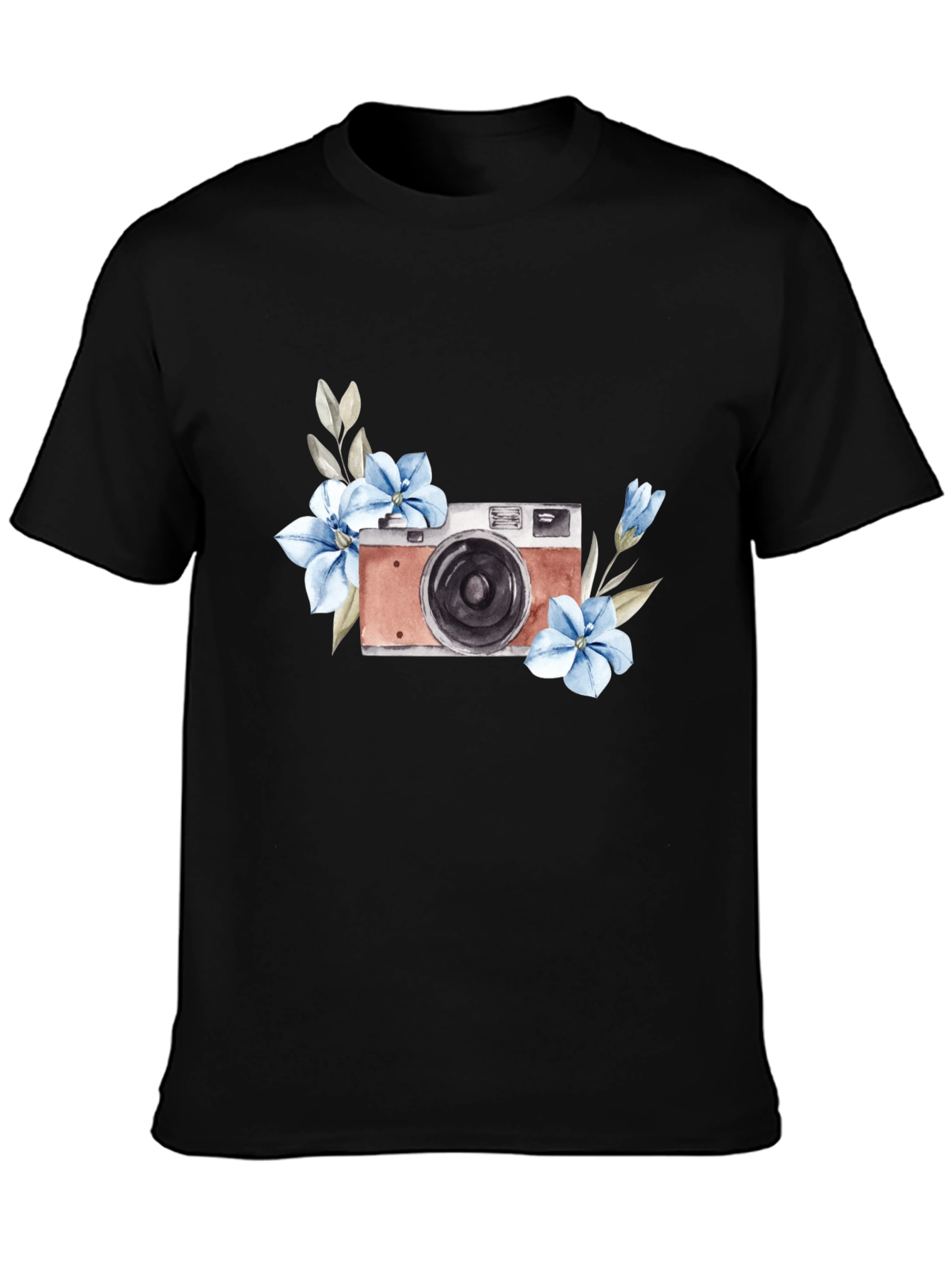 Floral Camera Graphic Tee - Stylish Black T-Shirt