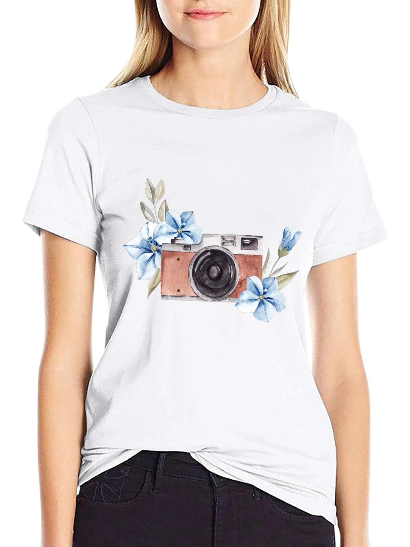 Floral Camera Graphic Tee - Stylish Black T-Shirt