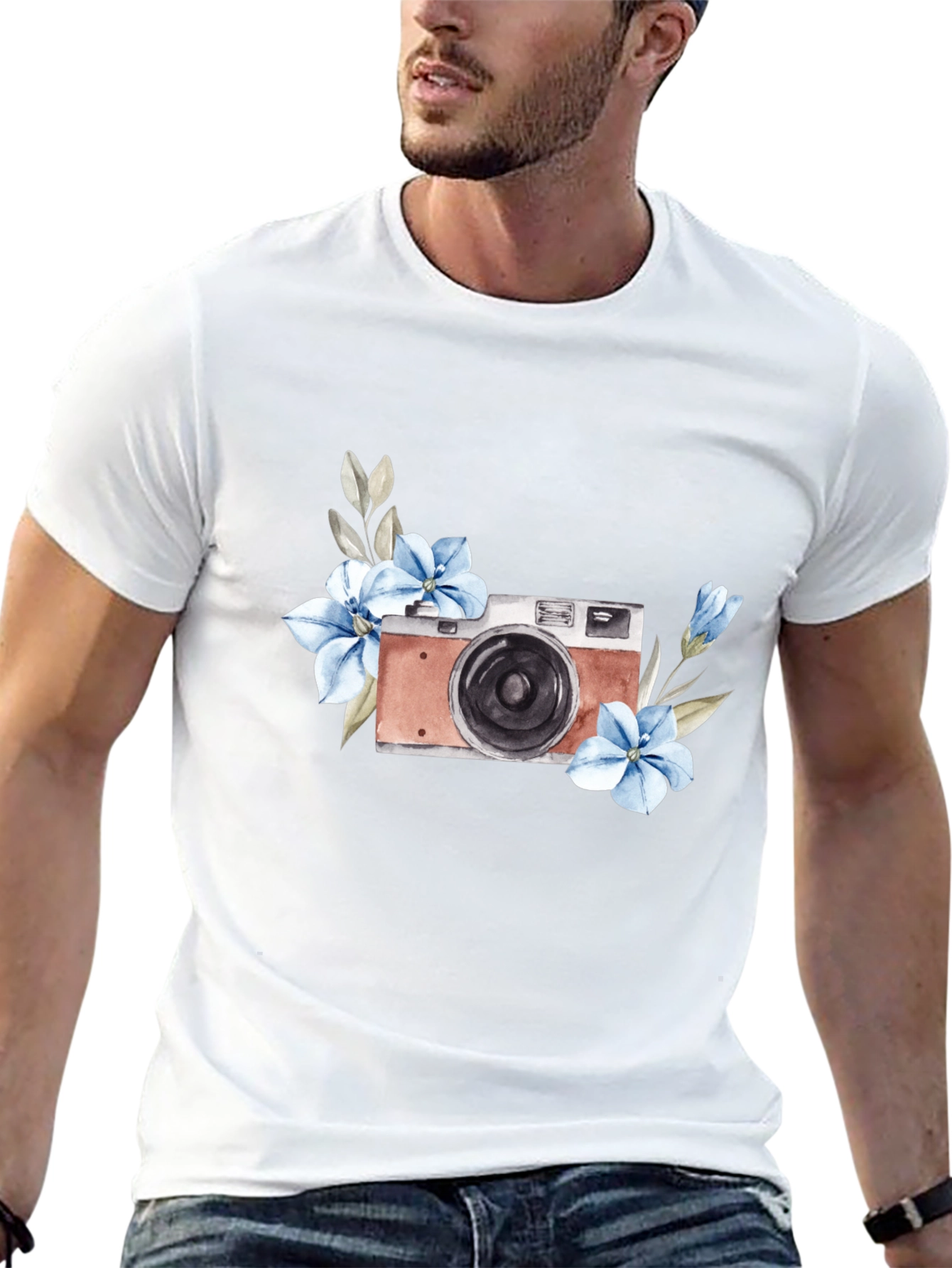Floral Camera Graphic Tee - Stylish Black T-Shirt