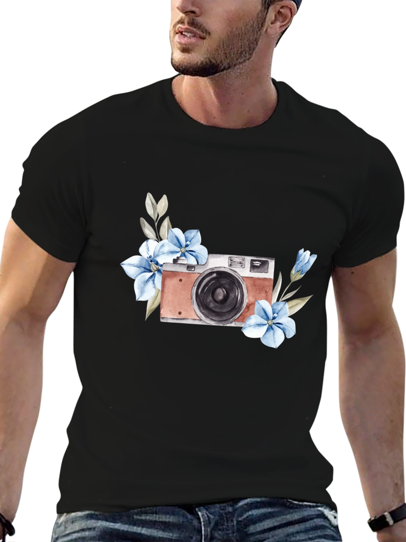 Floral Camera Graphic Tee - Stylish Black T-Shirt