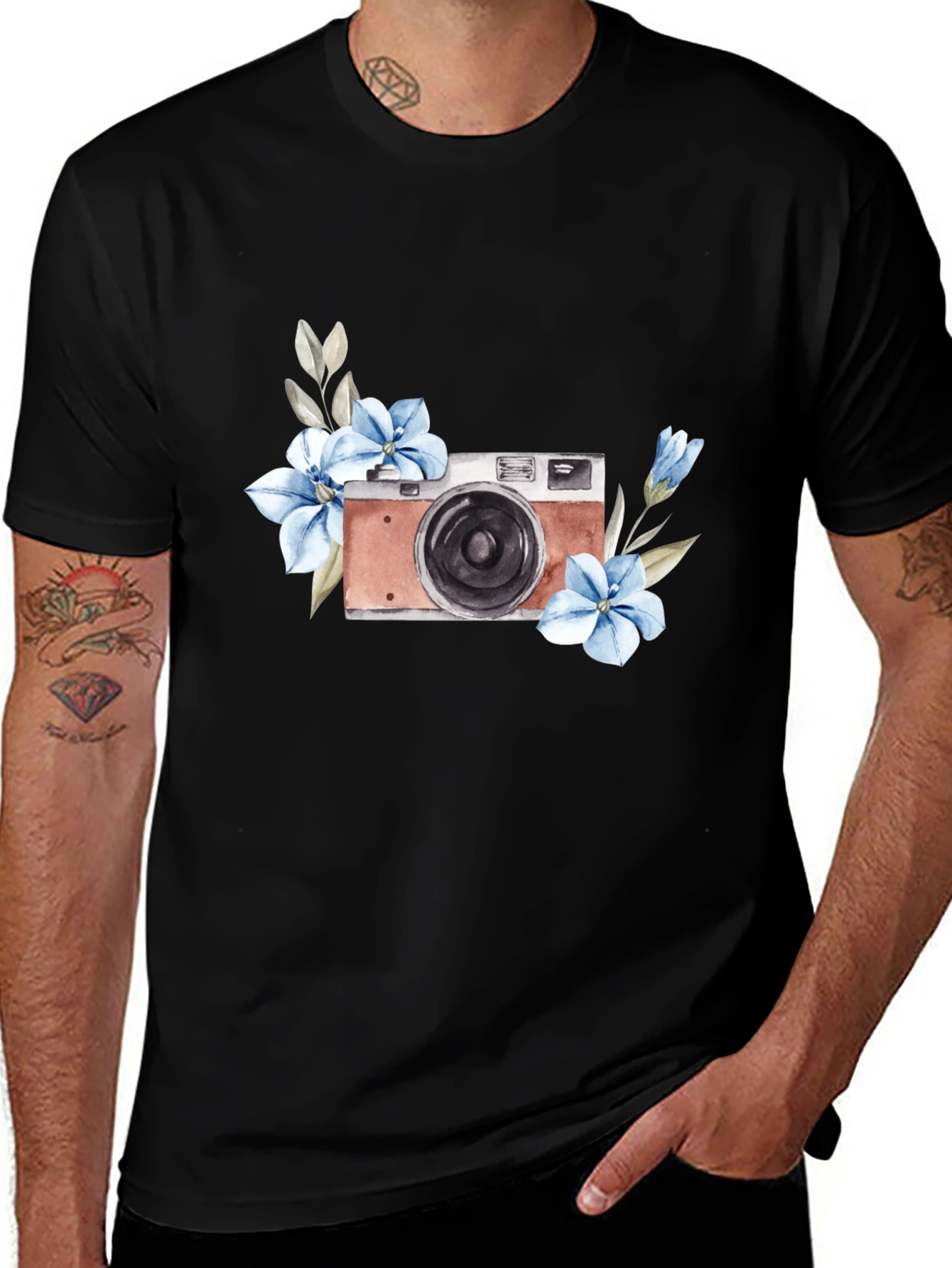 Floral Camera Graphic Tee - Stylish Black T-Shirt