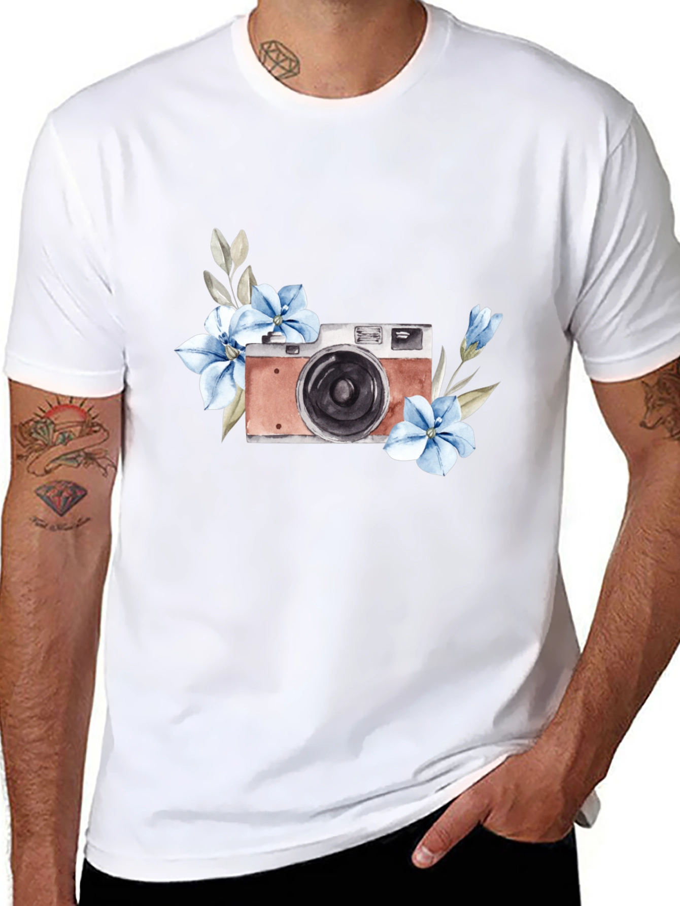Floral Camera Graphic Tee - Stylish Black T-Shirt