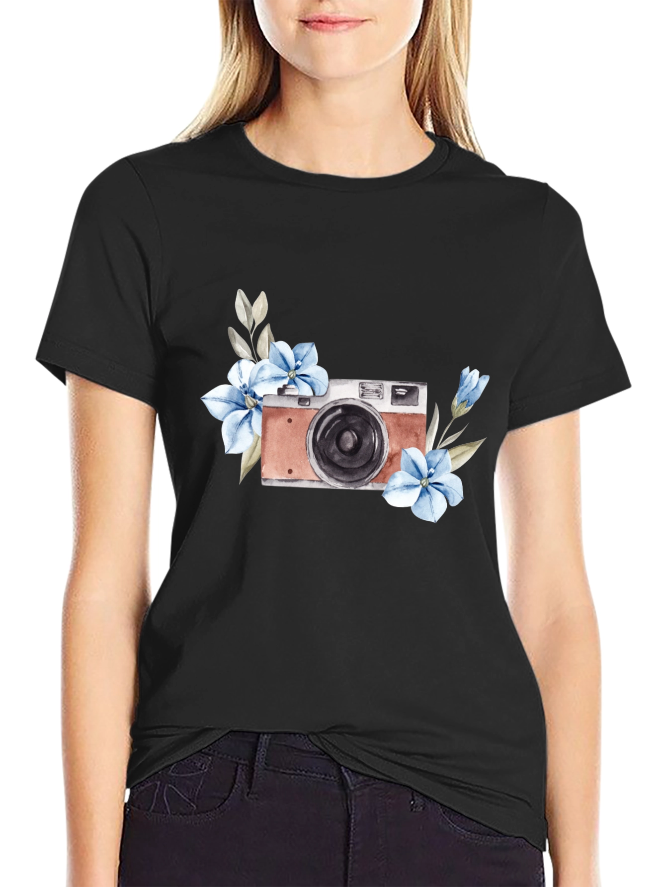 Floral Camera Graphic Tee - Stylish Black T-Shirt