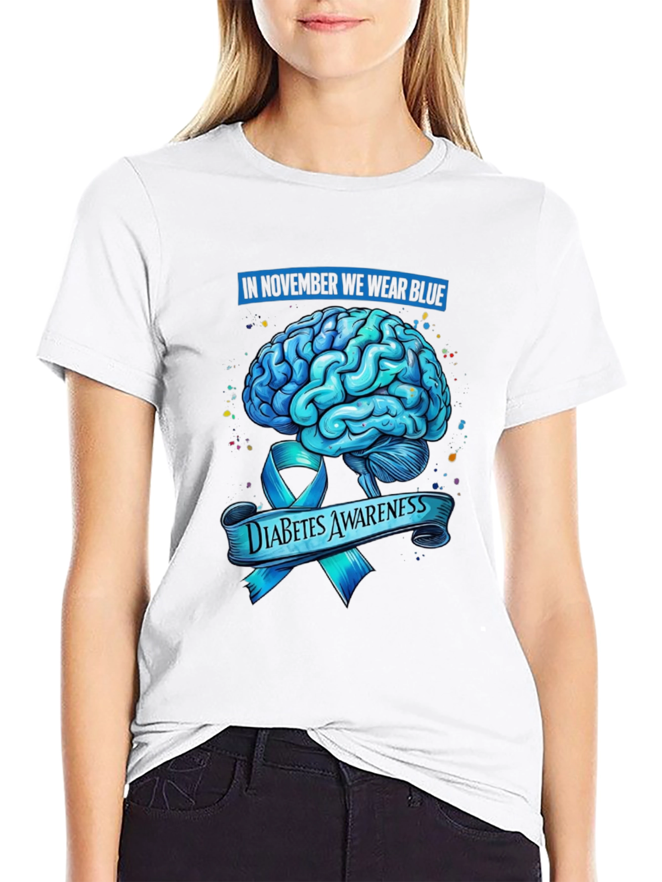 Diabetes Awareness Blue Brain Ribbon Graphic T-Shirt