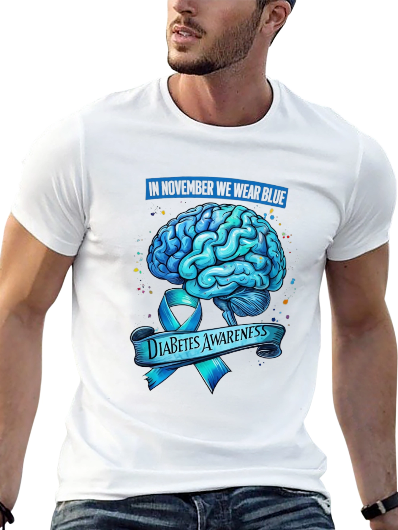 Diabetes Awareness Blue Brain Ribbon Graphic T-Shirt