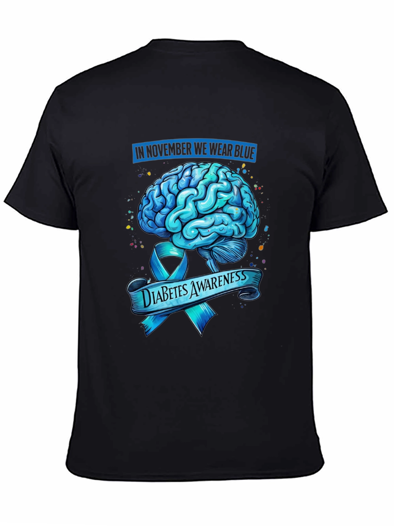 Diabetes Awareness Blue Brain Ribbon Graphic T-Shirt