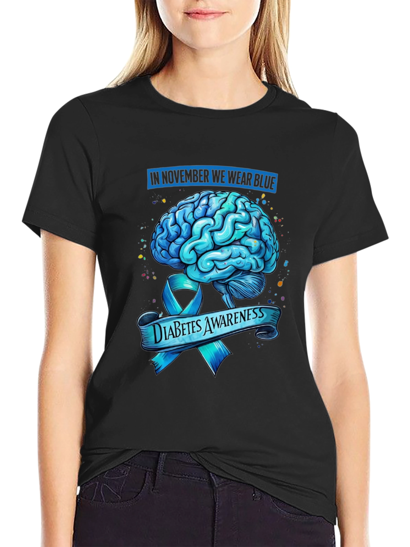 Diabetes Awareness Blue Brain Ribbon Graphic T-Shirt