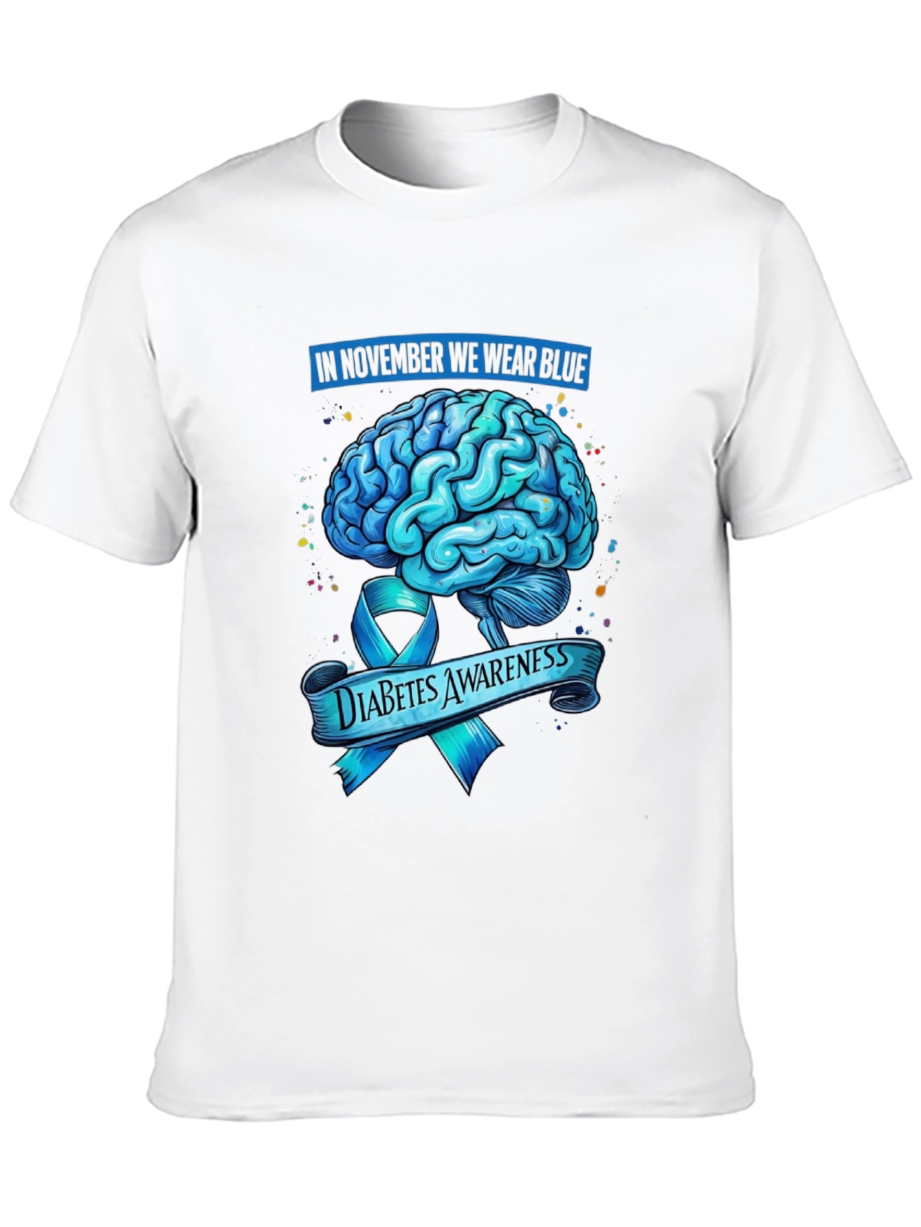 Diabetes Awareness Blue Brain Ribbon Graphic T-Shirt