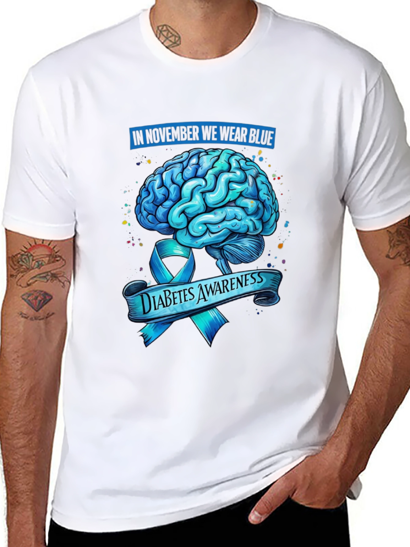 Diabetes Awareness Blue Brain Ribbon Graphic T-Shirt