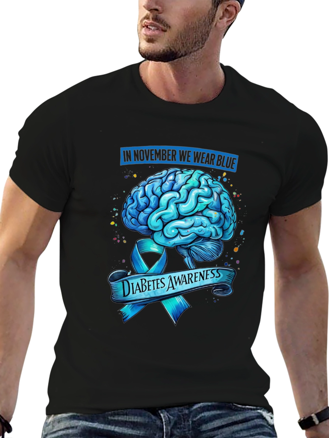 Diabetes Awareness Blue Brain Ribbon Graphic T-Shirt