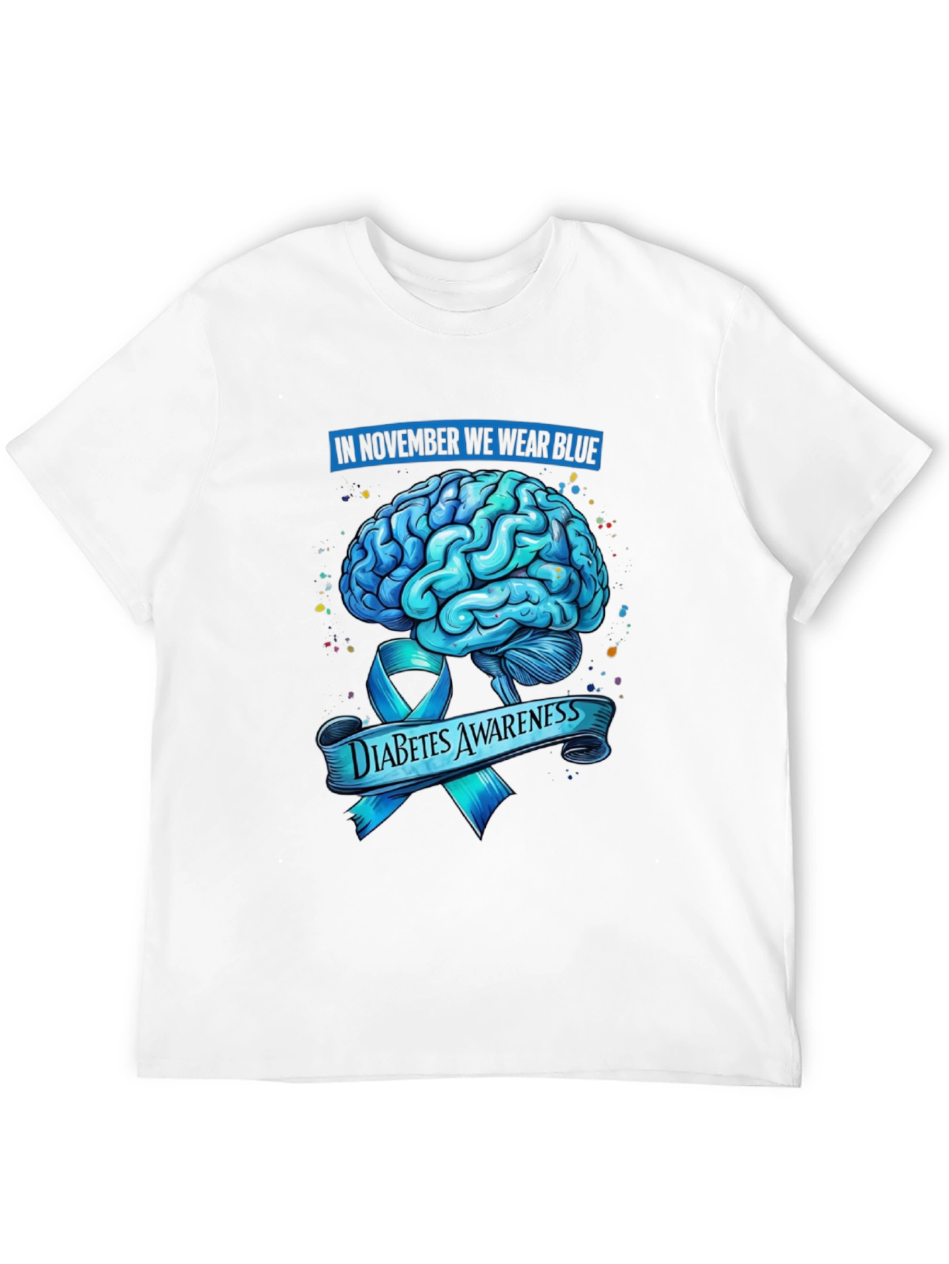 Diabetes Awareness Blue Brain Ribbon Graphic T-Shirt