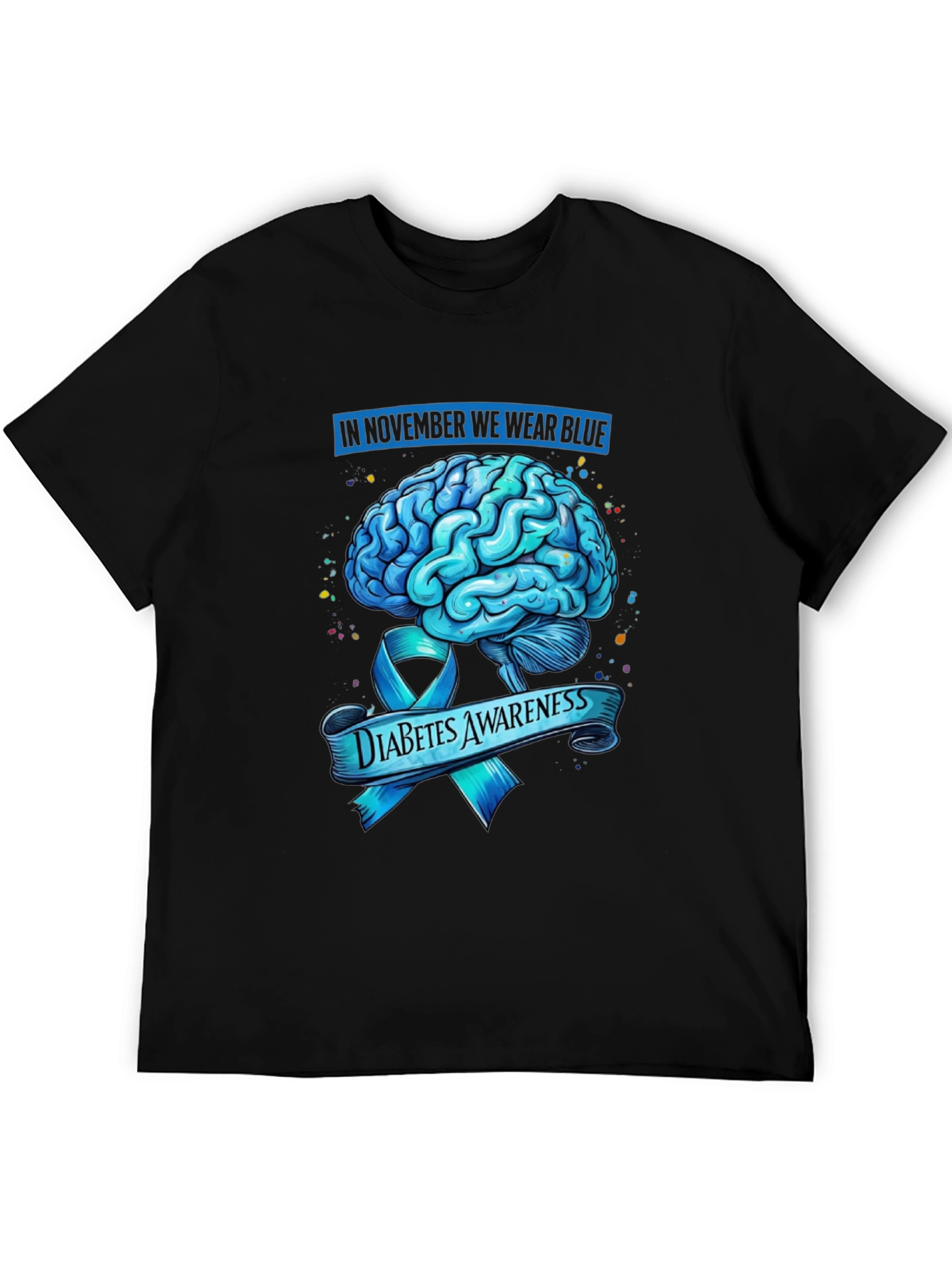 Diabetes Awareness Blue Brain Ribbon Graphic T-Shirt