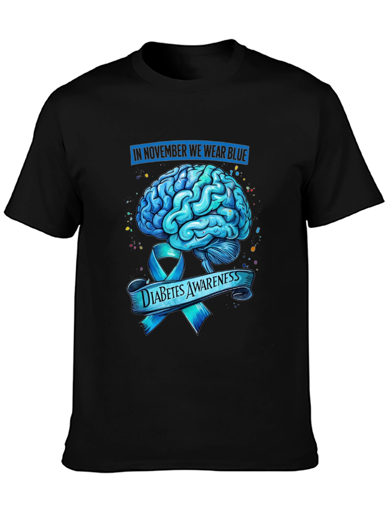 Diabetes Awareness Blue Brain Ribbon Graphic T-Shirt