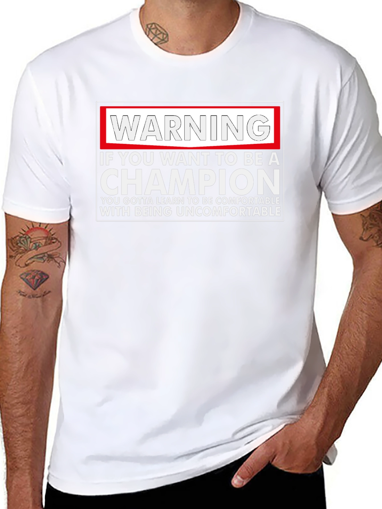 Warning Champion T-Shirt: Motivational Comfort