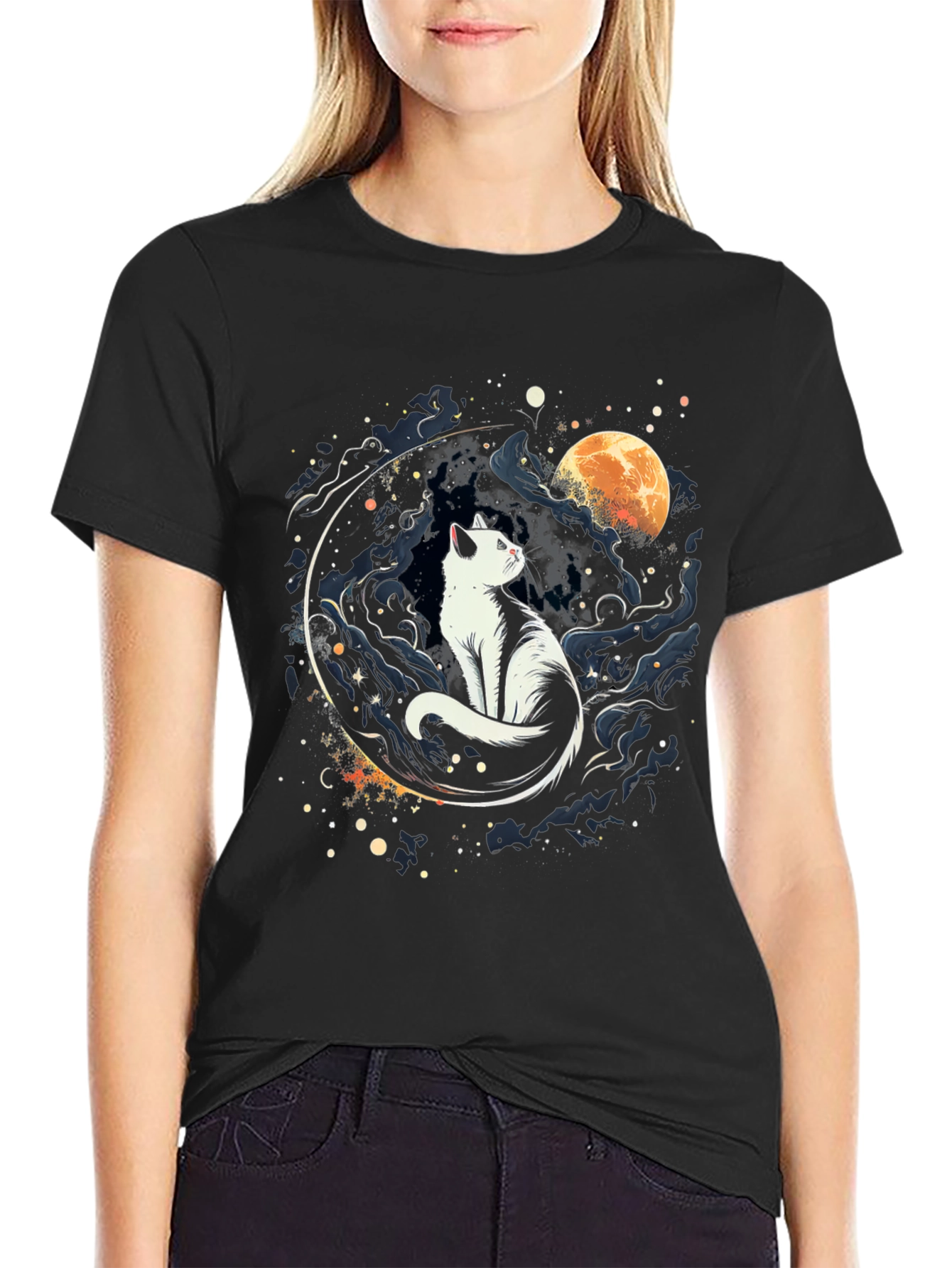 Cat Moon Graphic Black T-Shirt