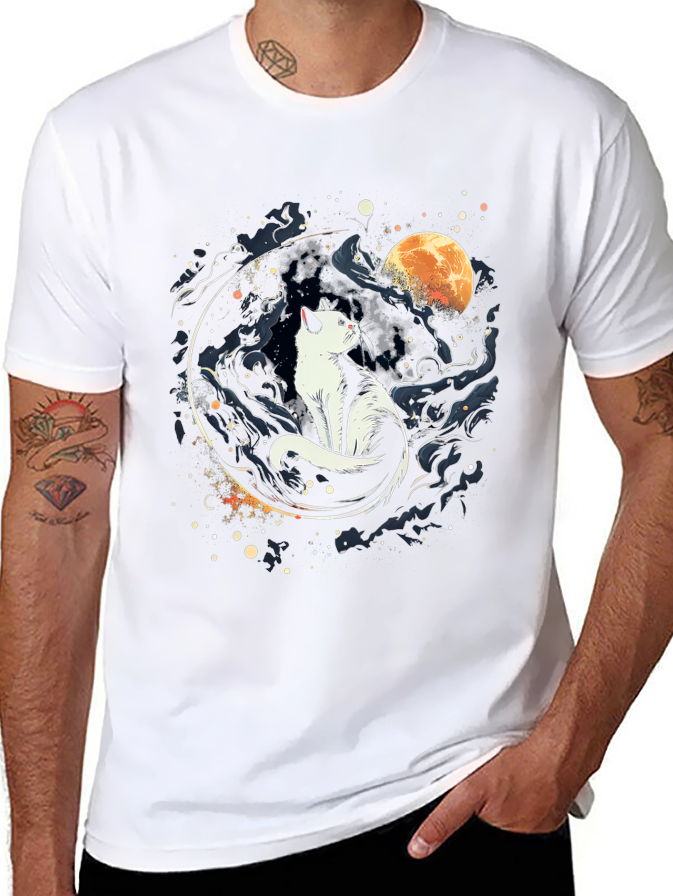 Cat Moon Graphic Black T-Shirt