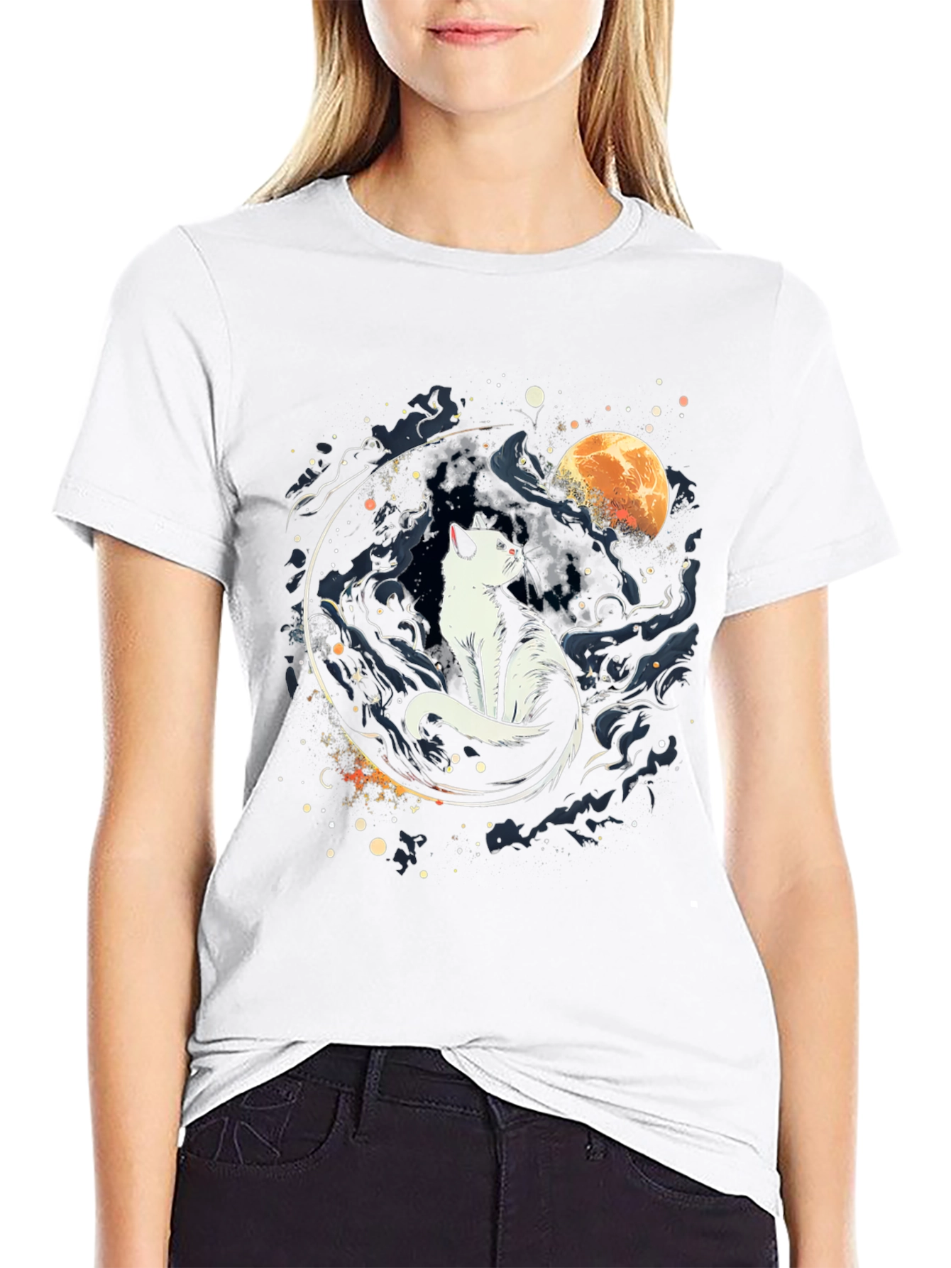 Cat Moon Graphic Black T-Shirt