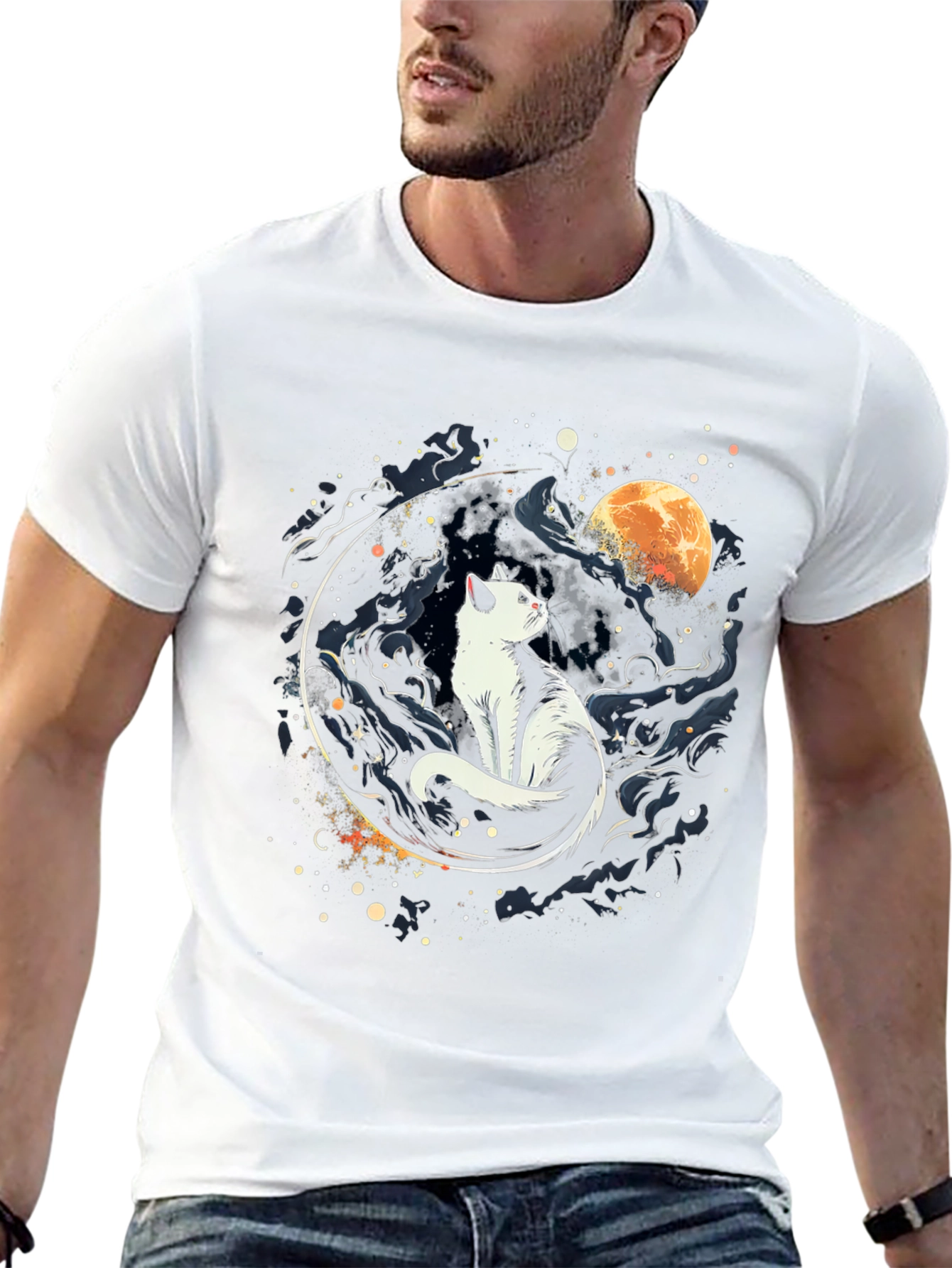 Cat Moon Graphic Black T-Shirt