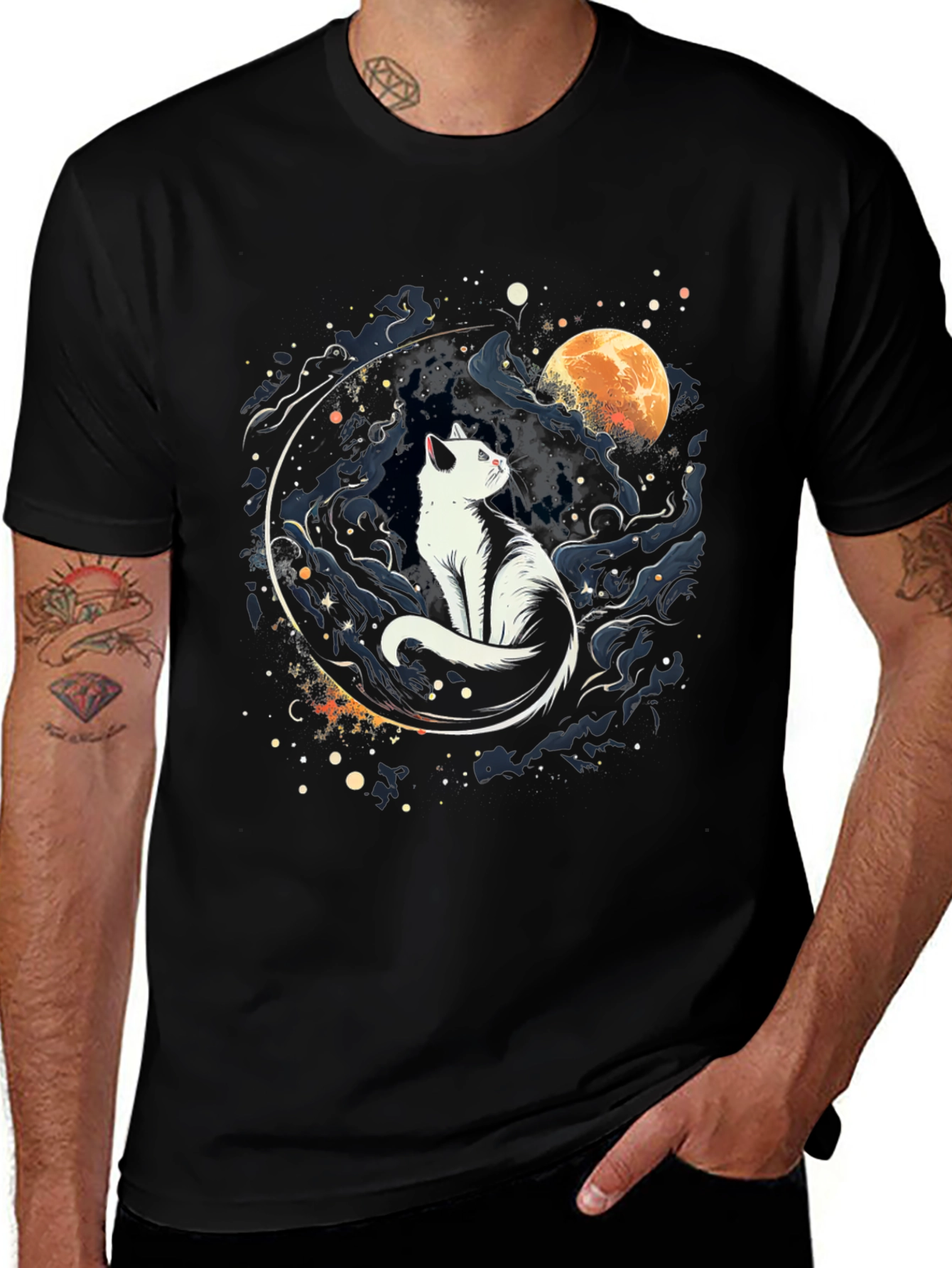 Cat Moon Graphic Black T-Shirt